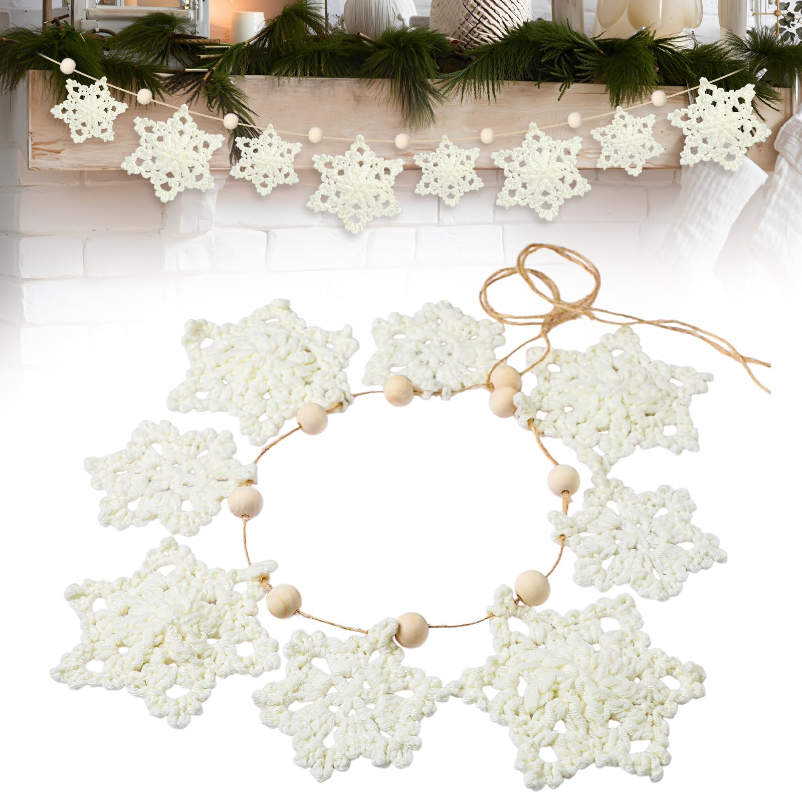 Tudomro Christmas Crochet Snowflake Garland 6.56ft Rustic Handmade Xmas Banner Snowflake Wooden Beads Farmhouse Hanging Decor fo
