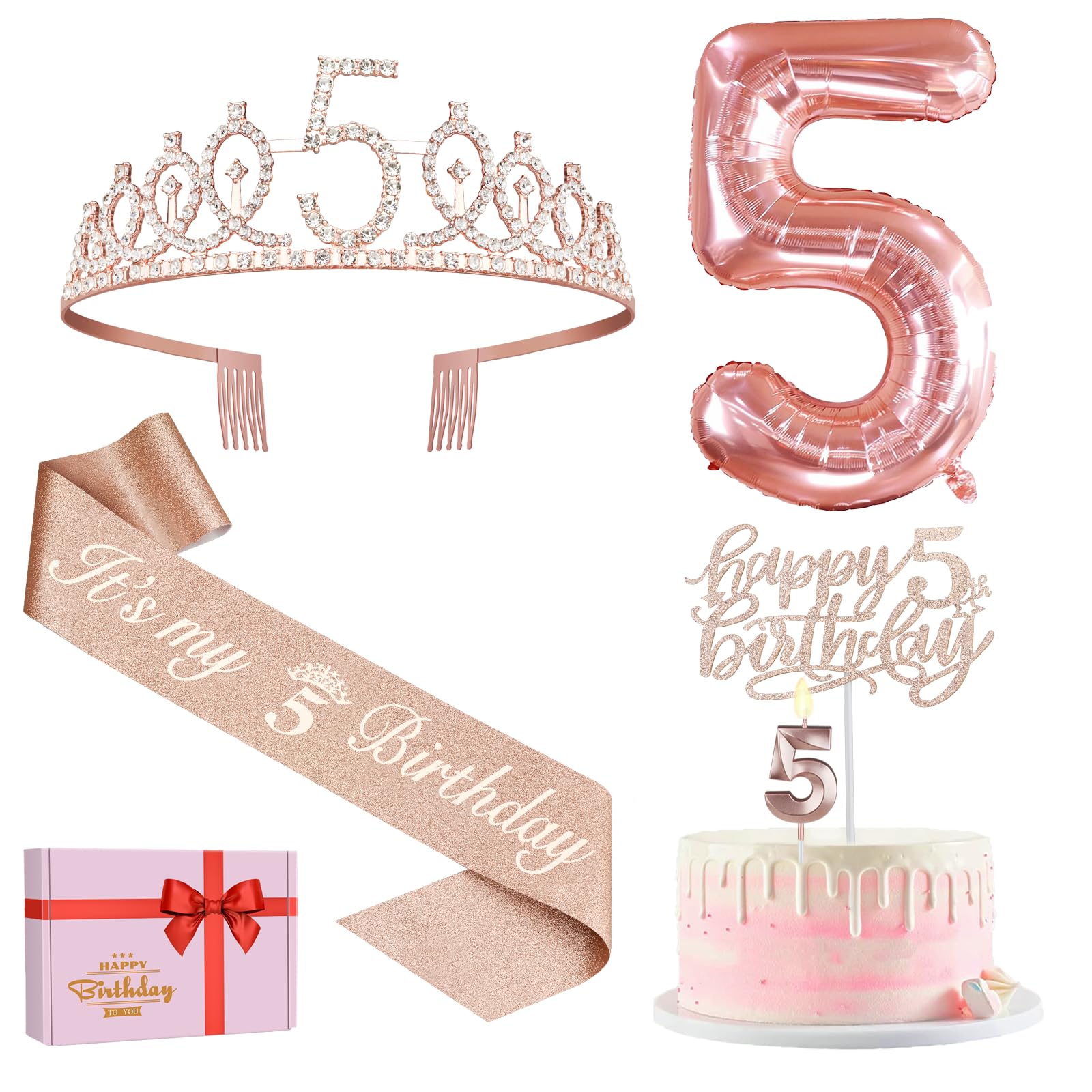5Th Birthday Decorations For Girls, Including 5Th Birthday Sash And Tiara, 5 Candles And Cake Toppers, Rose Gold Balloons And 3D