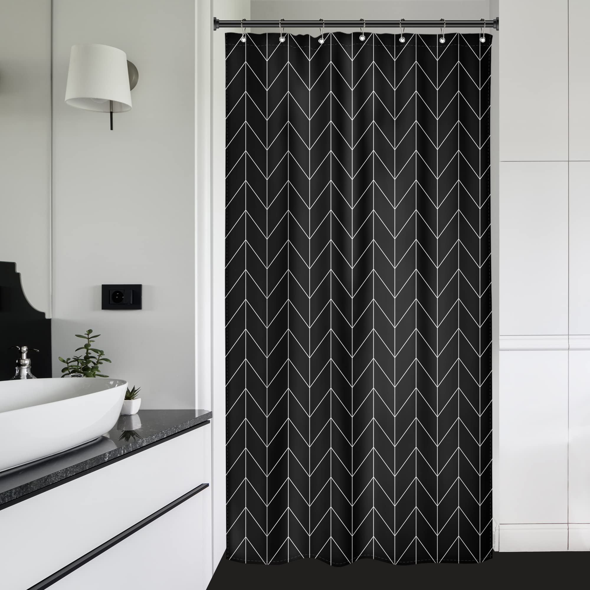 Riyidecor Small Shower Curtain Stall Black Half Size Herringbone 36x72 Inch Chevron Geometric Striped Single Tiny Skinny Narrow 7 Pack Hooks Dorm Decor Fabric Bathroom Set Polyester Waterproof