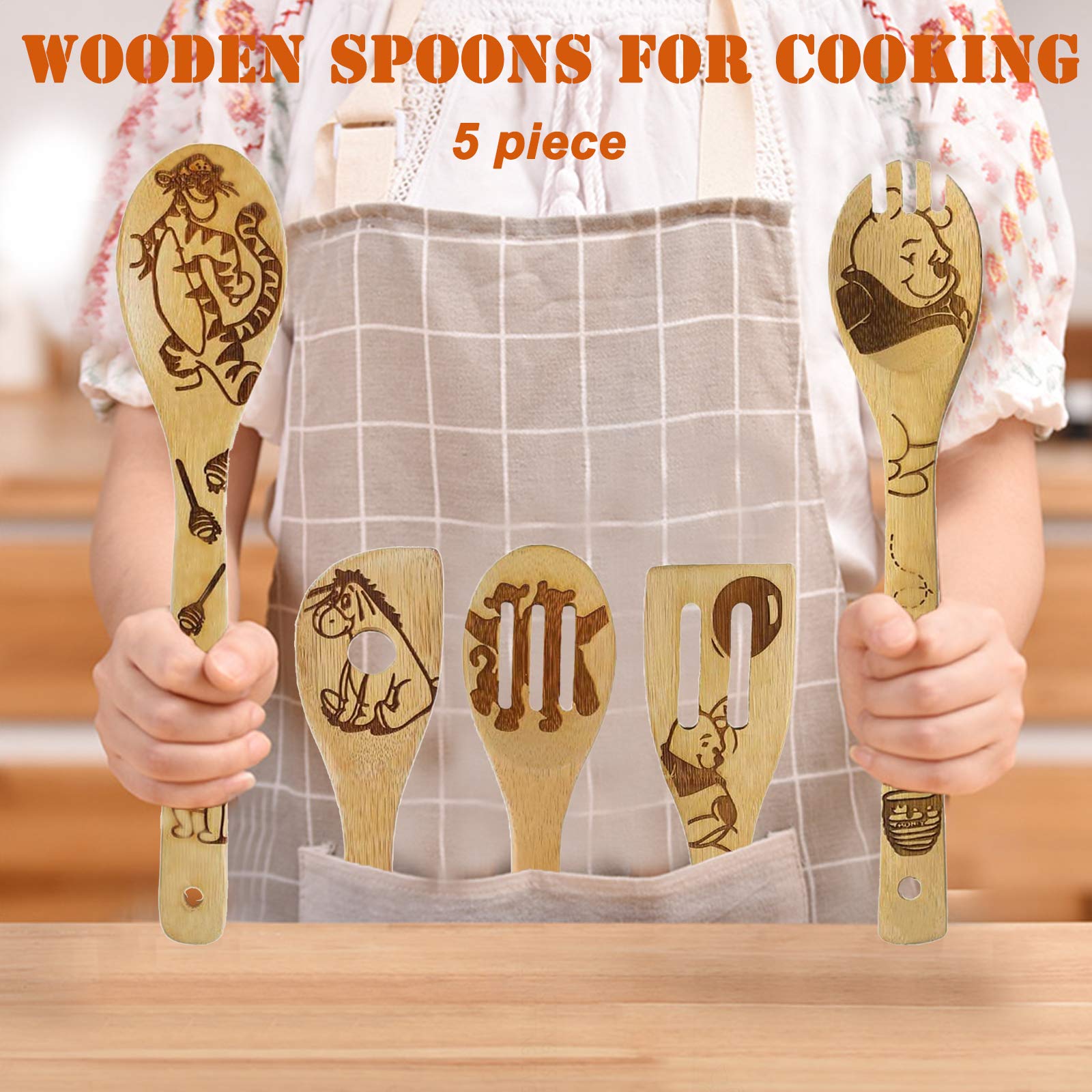 5 Pcs Cartoon Wooden Spoons For Cooking,Winnie The Bear Kitchen Accessories,Cute Tiger Spatula For Kitchen Decor,Winnie Bear Kit
