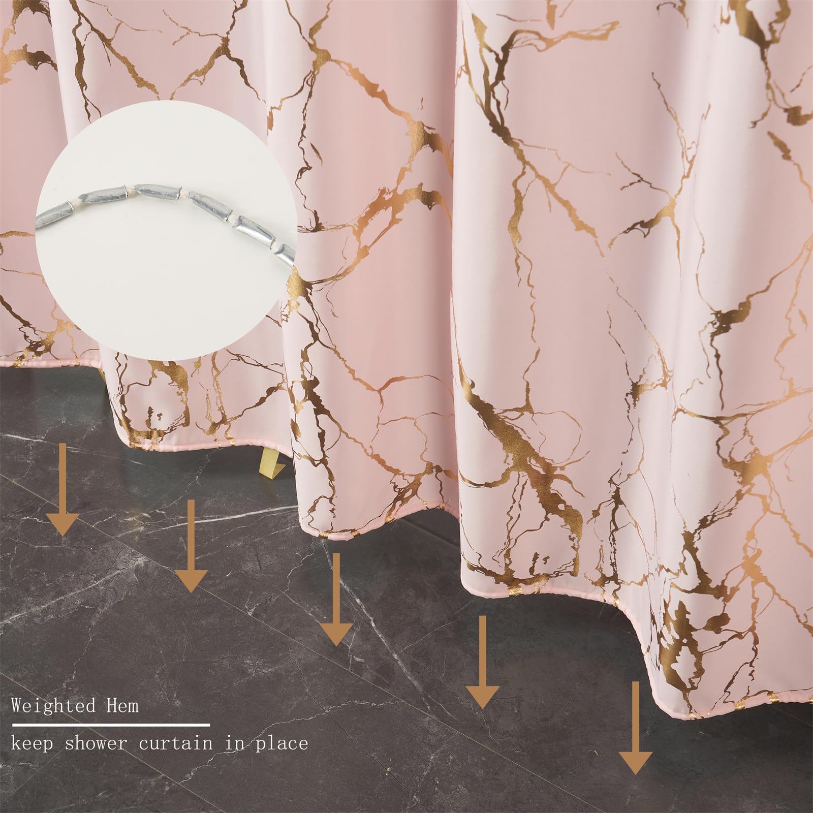 Pink Fabric Shower Curtain,Pink And Gold Marble Shower Curtains For Bathroom With Hooks,Unique Glitter Metallic Gold Foil Printe