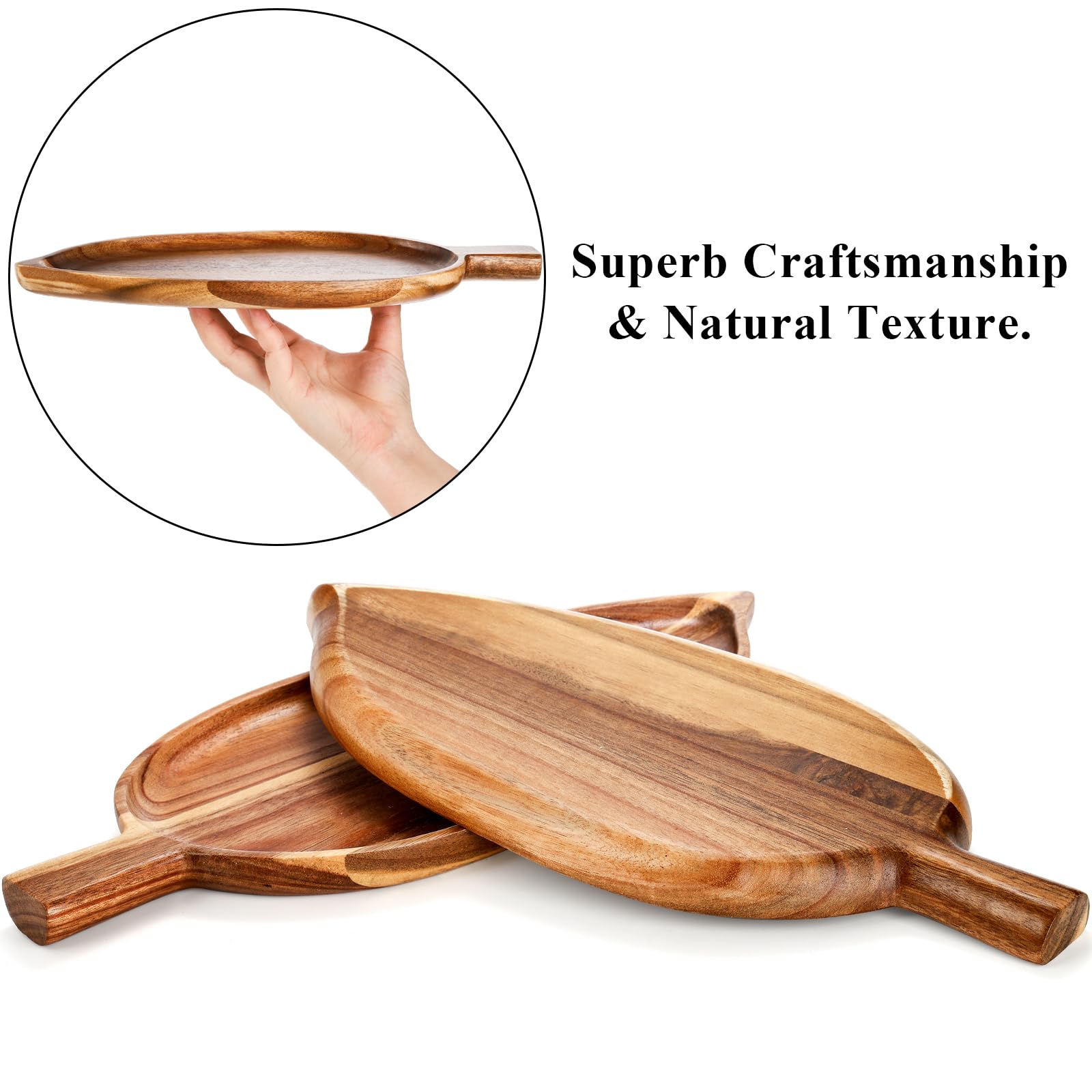 Youeon 2 Pcs Acacia Wood Serving Trays, 13'' X 5.5'' Leaf Shaped Wooden Trays For Decor, Novelty Trays For Food Serving, Small C