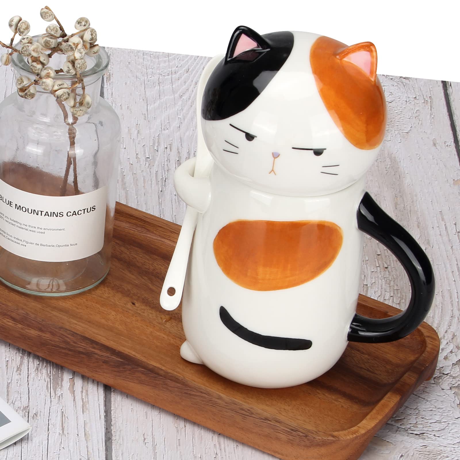 Large Cute Ceramic Coffee Mug with Lid and Spoon Fun Cat Cup for Women Ladies Unique 3D Kawaii Cat Coffee Mugs Lover Mom Gift Fu