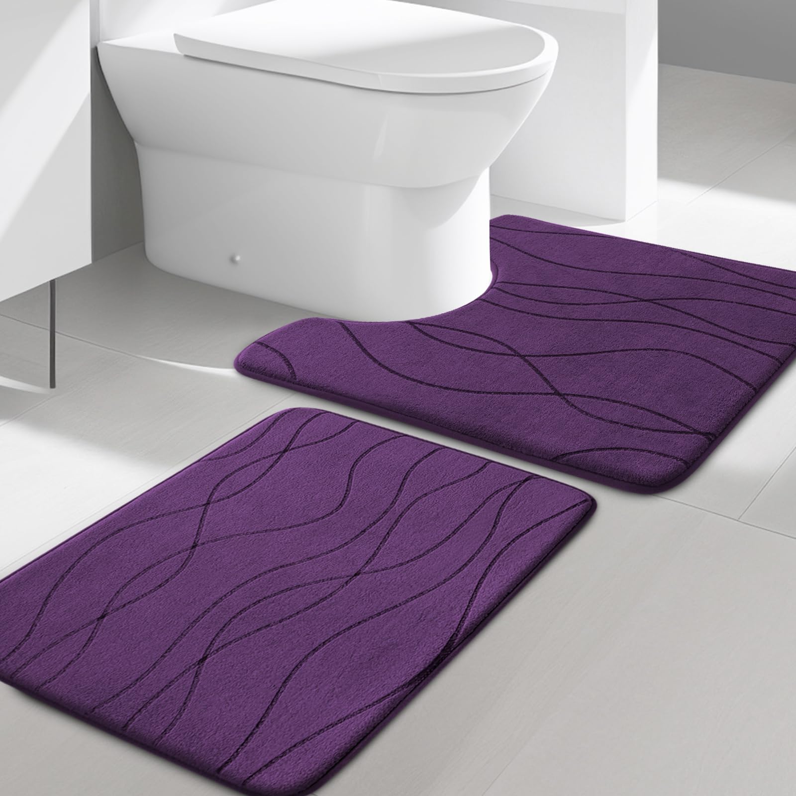 Yihouse Memory Foam Purple Bathroom Rug Sets 2 Piece, Ultra Absorbent Bath Mat For Bathroom - Non-Slip Machine Washable & Dry Qu