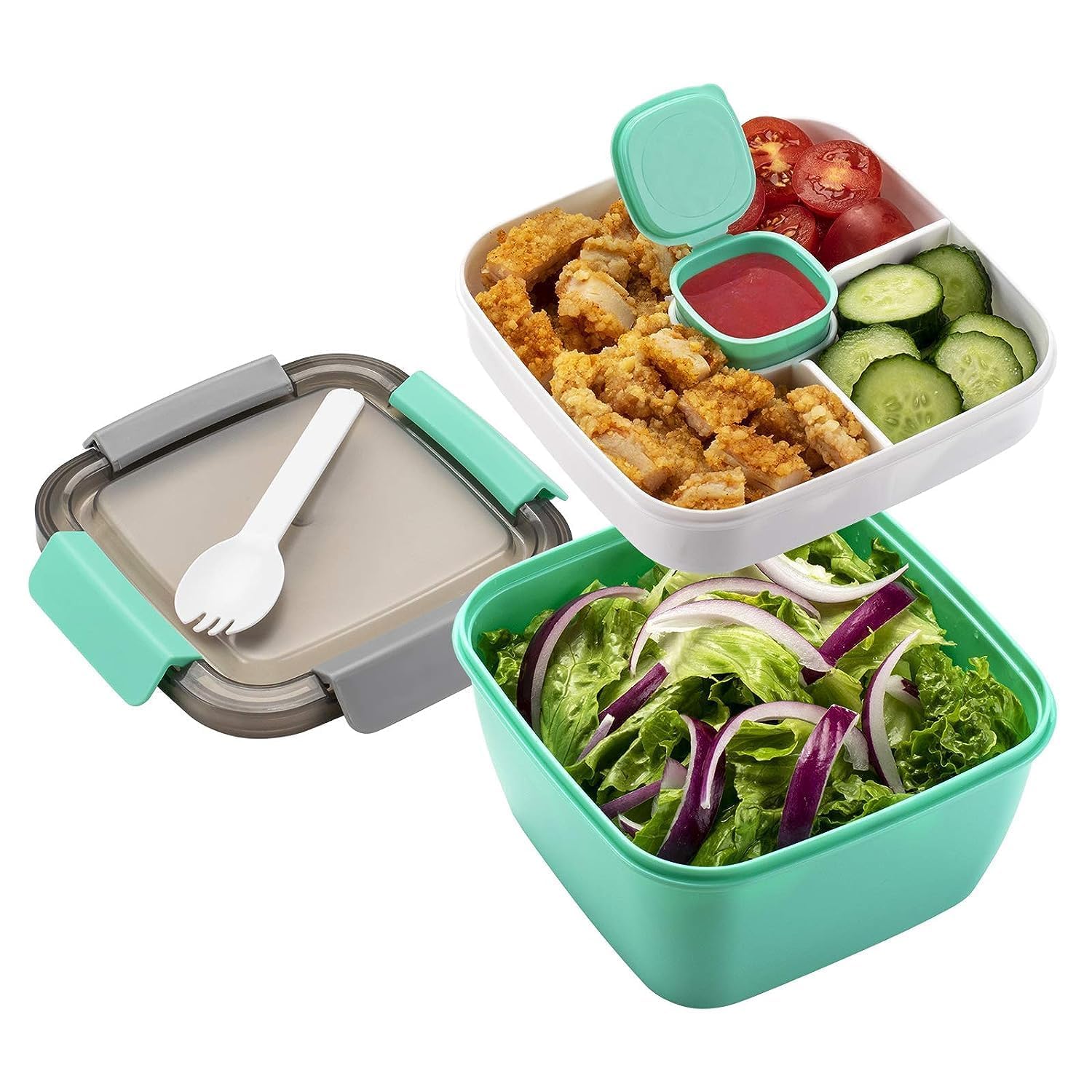 Clazkit Plastic Salad Lunch Box Container with Cutlery and Sauce Container with 5 Compartment Bento Style Tray Leak Proof Lunch