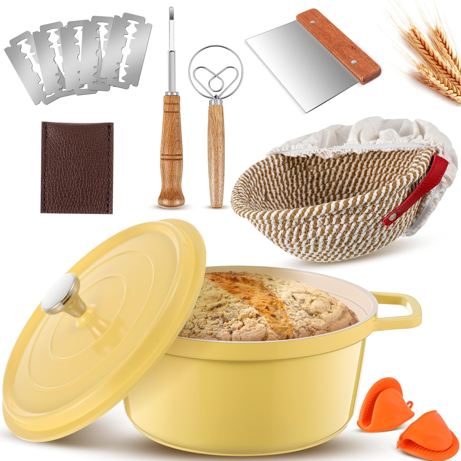 Honeydak 7 Pack Sourdough Bread Baking Supplies Kit Includes Dutch Oven for Bread Baking 5qt Pan Pot, Bread Proofing Basket, Sco