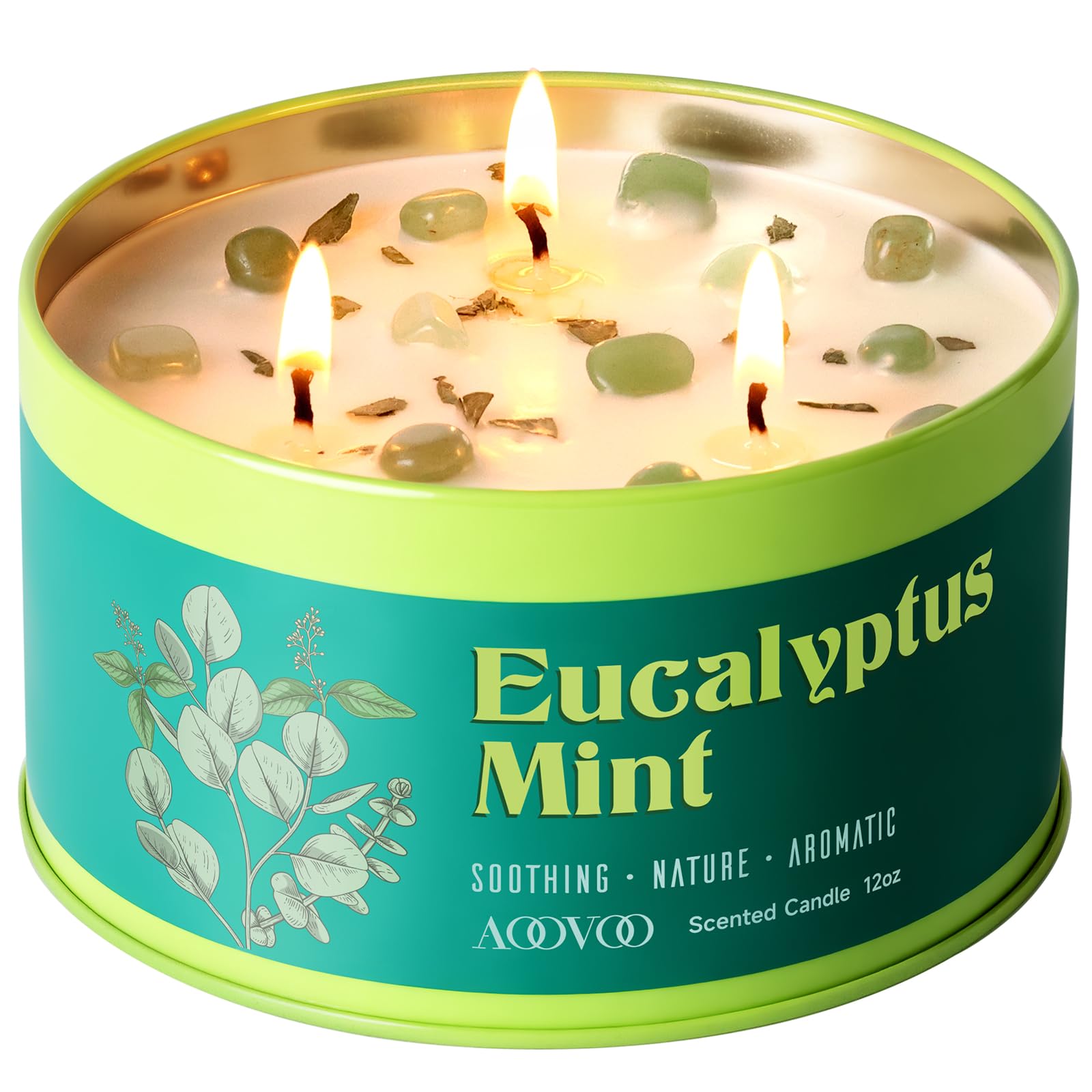 AOOVOO Eucalyptus Mint Candle for Relaxation - 3 Wick 12oz Large Scented Candle with Green Aventurine & Eucalyptus Leaves Inside