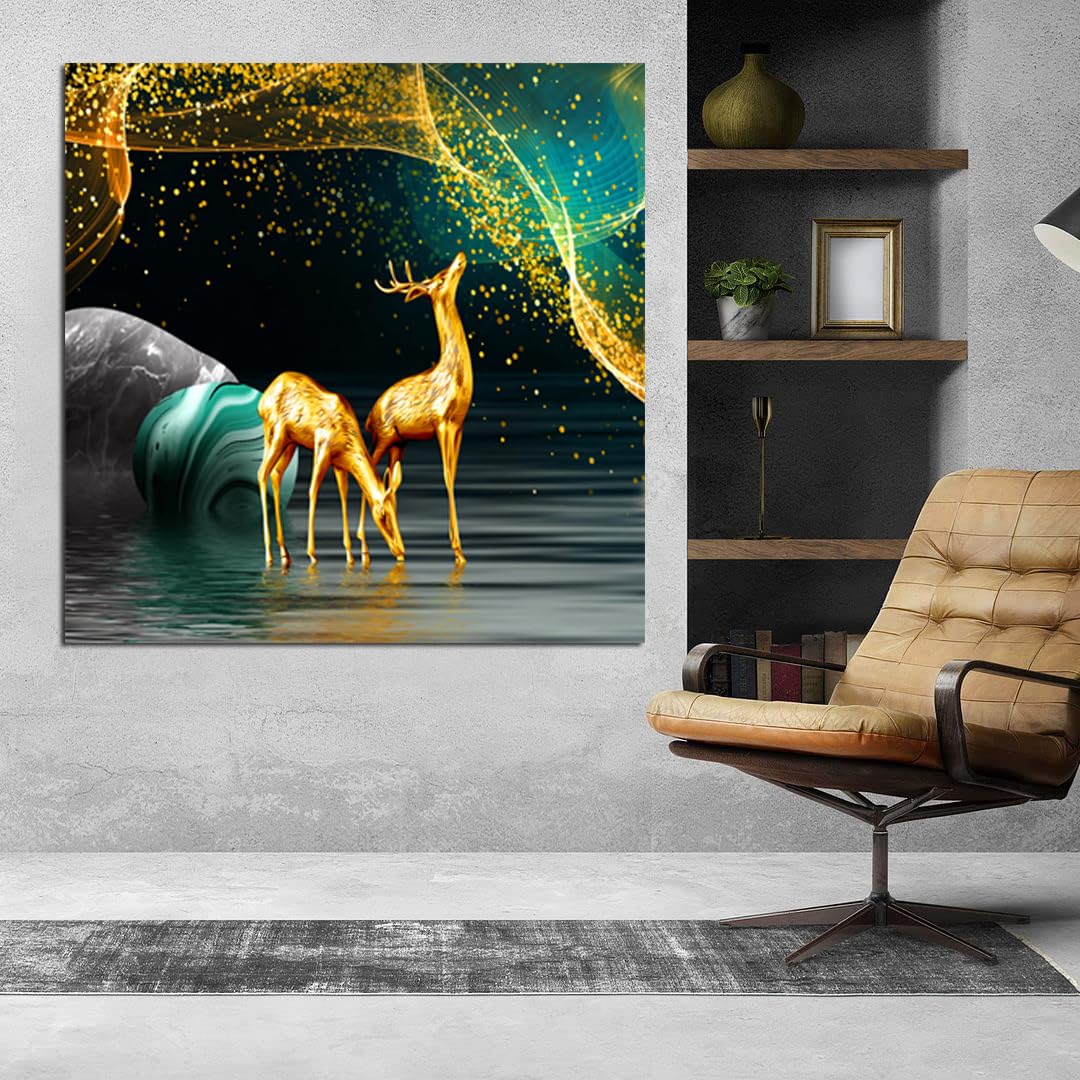 Maxstone Goldan Deer Wall Painting Wall Art Home Decoretive for Living Room, Bedroom, Office, Hotels, Drawing Room (55.88 X 55.8