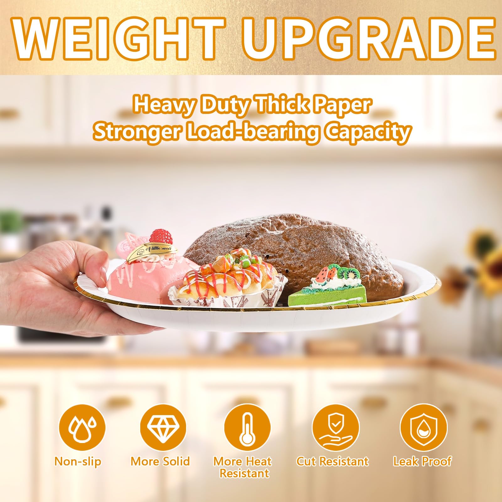 Grencian 50Pcs Gold Foil Oval Paper Plates, 10"x12", Heavy Duty Disposable Dessert Platters for Christmas & Winter Parties