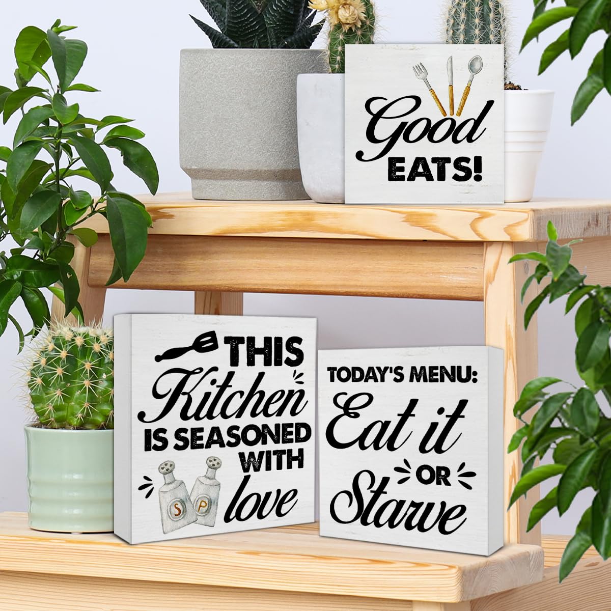 Qlnuk Kitchen Wood Signs Home Decor Funny Kitchen Wooden Blocks Signs for Tiered Tray Table Desk Shelf Decor Set of 3