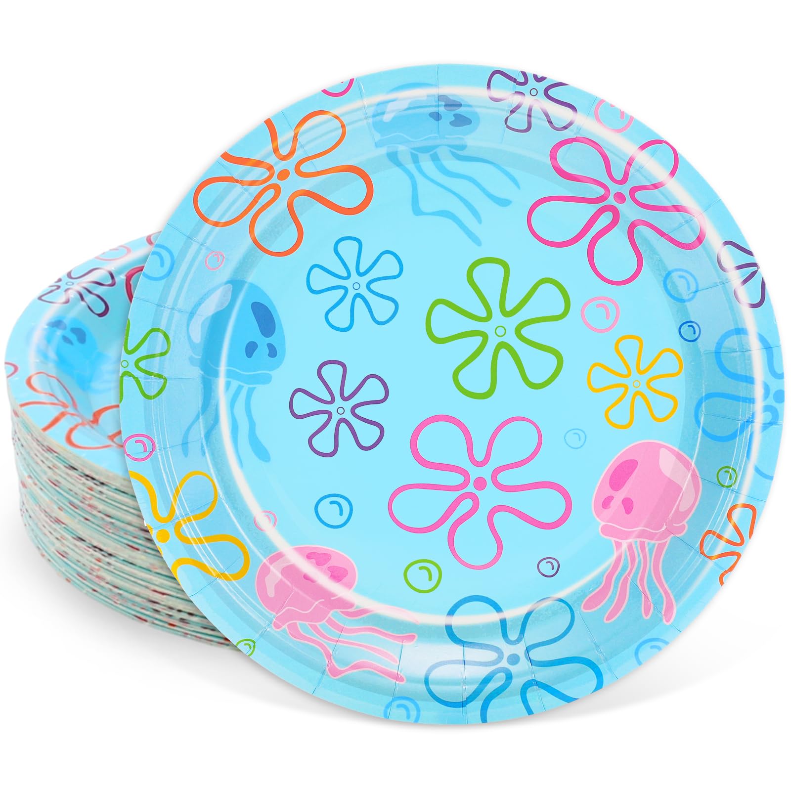 Whaline 40 Pcs Cartoon Sponge Paper Plates Flower Bubble Jellyfish Disposable Plates 9 Inch Under The Sea Party Tableware for Oc