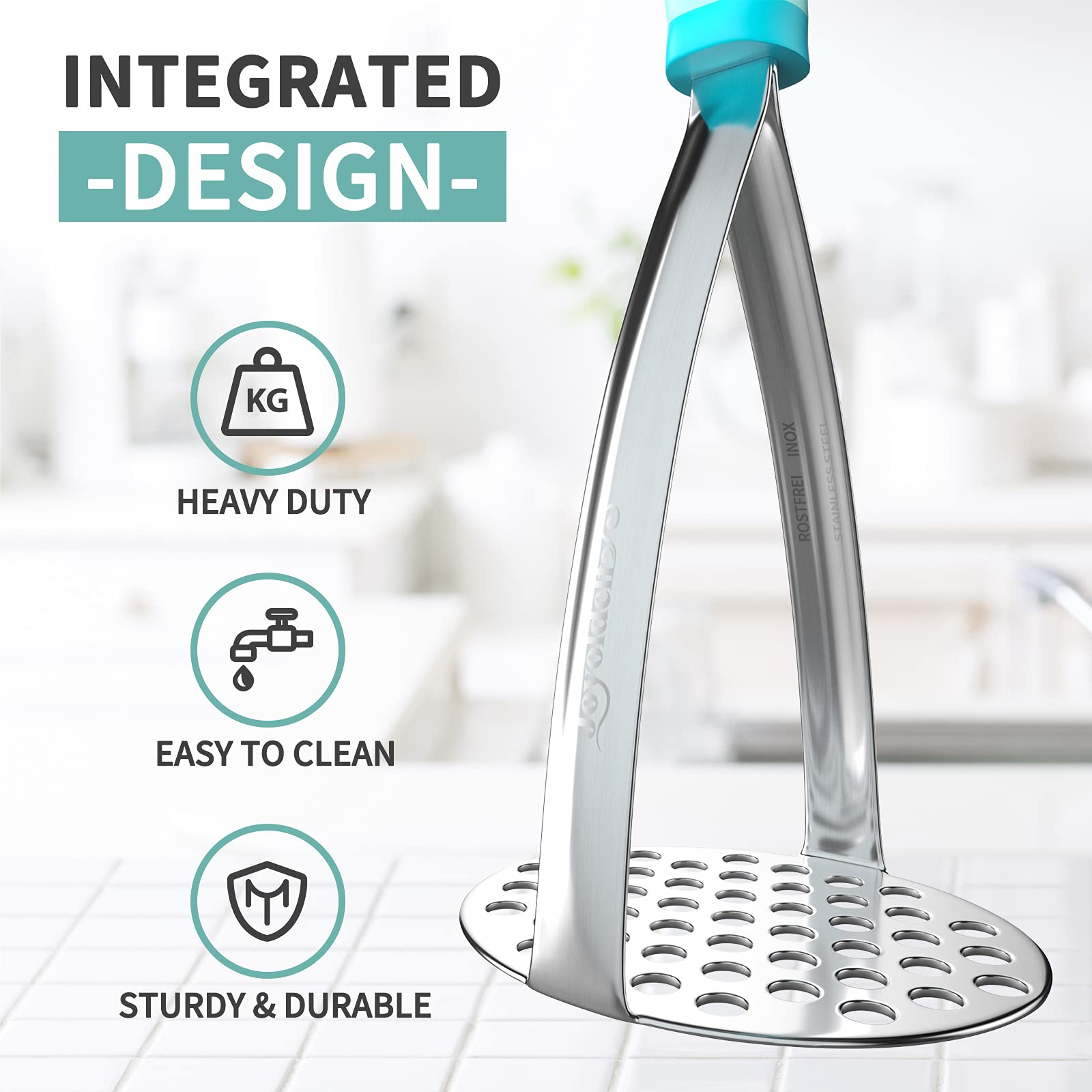Joyoldelf Heavy Duty Potato Masher, Stainless Steel Integrated Masher Kitchen Tool & Food Masher/Potato Smasher With Non-Slip Ha
