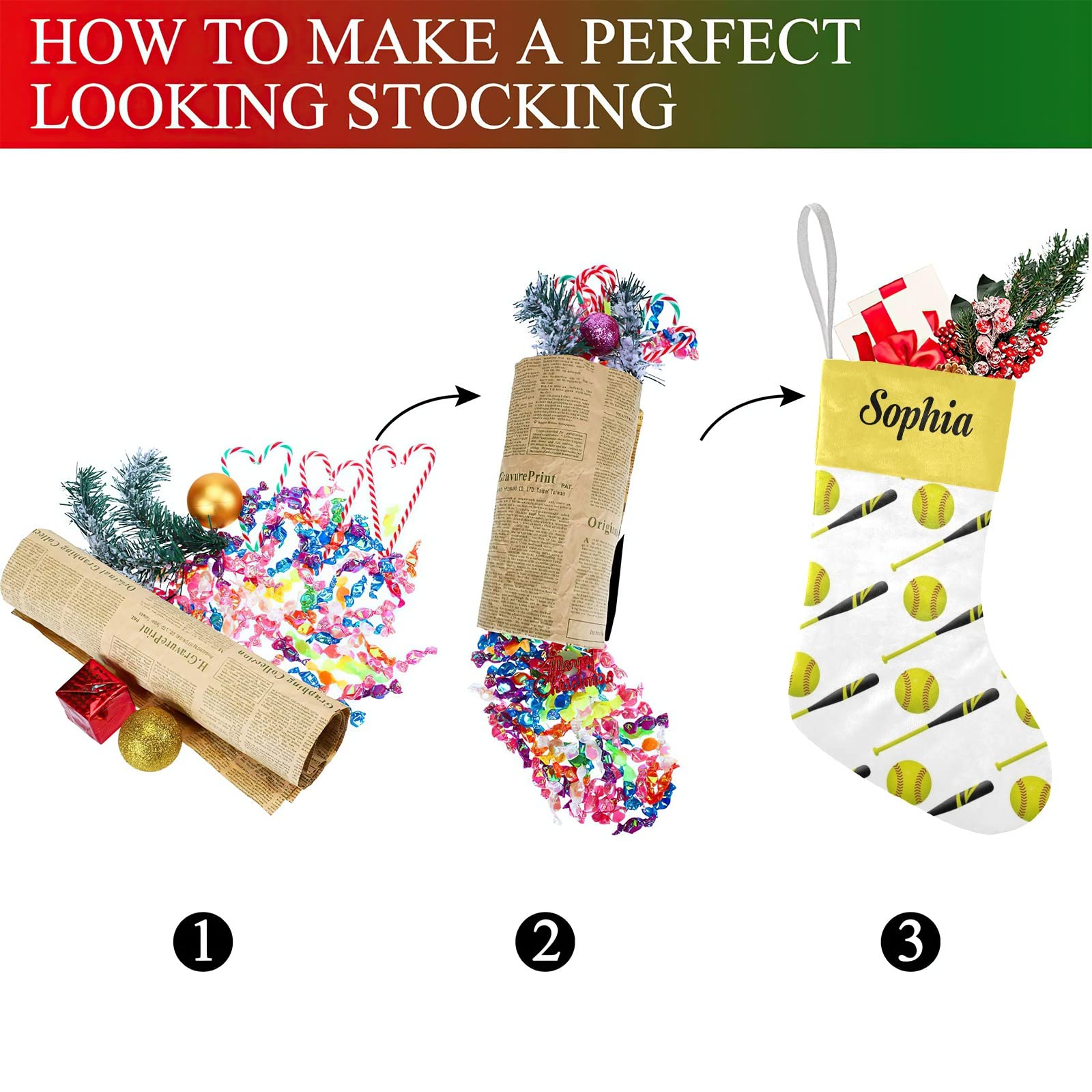 Yellow Softball Christmas Stockings Custom Name Party Family Decor Festive Santa Candy Gift Bag Socks 17.52 x 7.87 Inch