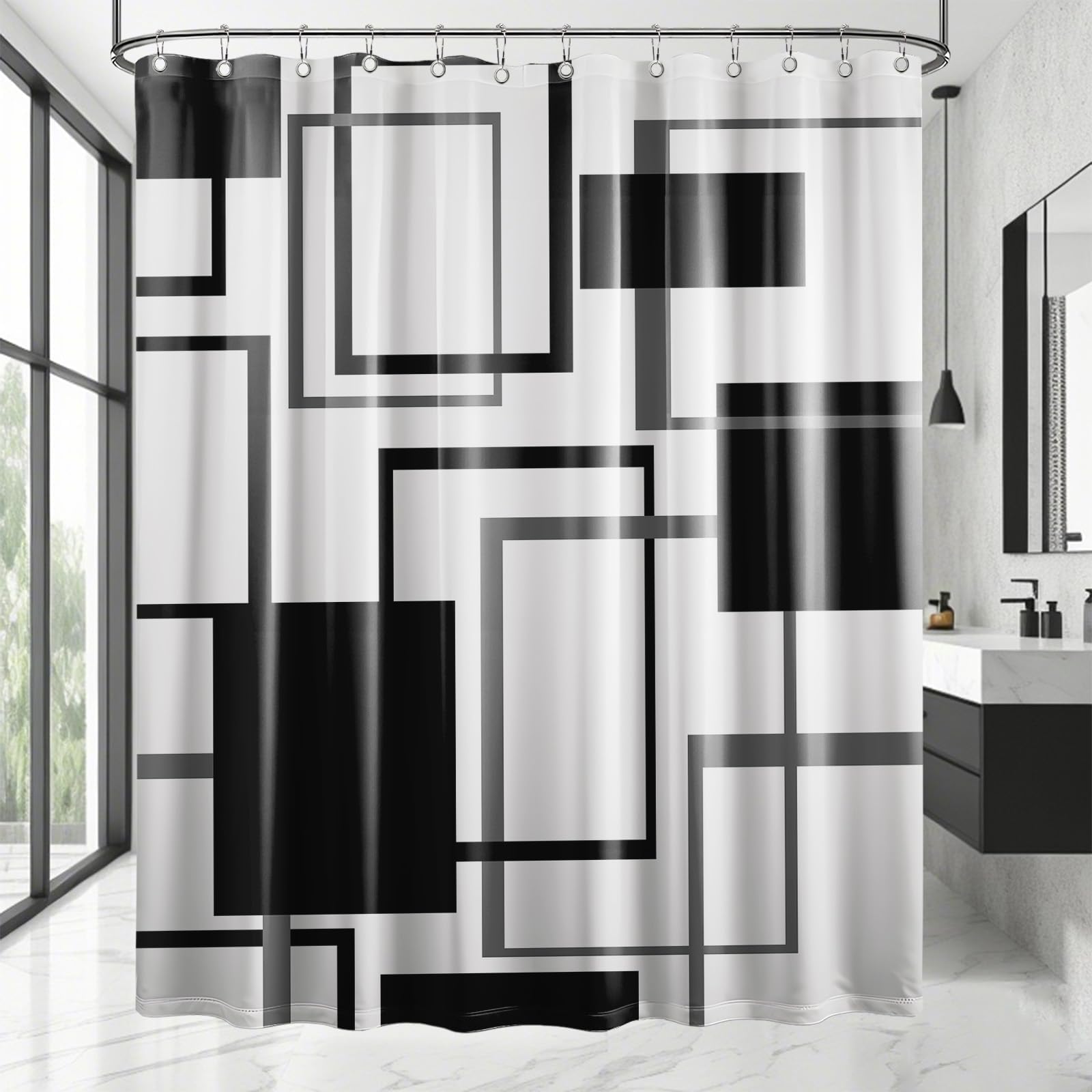 Yieldeer Black And White Shower Curtain Geometric Bathroom Decor For Mens Modern Ab