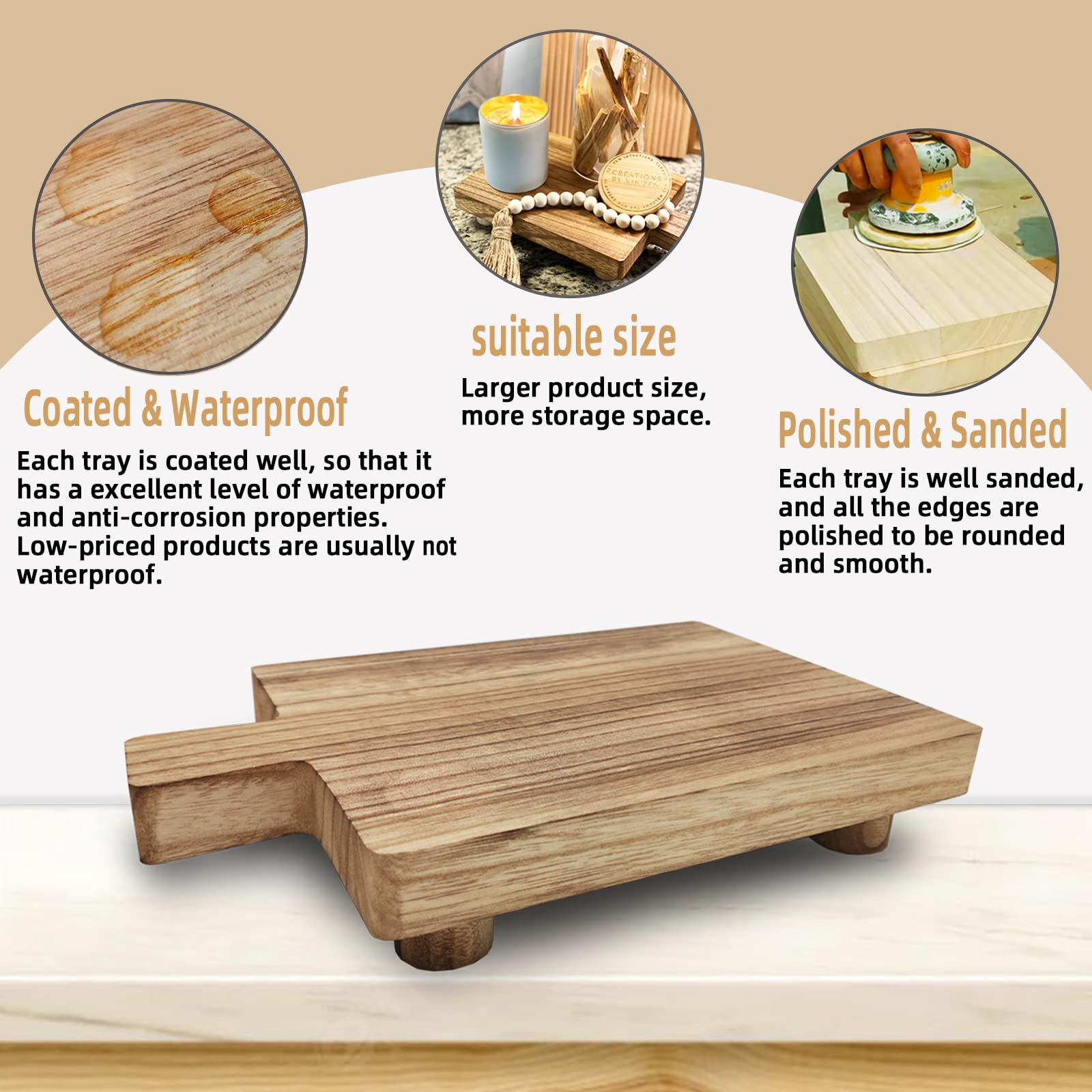 Handmade Wooden Tray,Practical Bathroom And Kitchen Decoration For Soap,Bath Bottles,Candles,Toilet Paper,Plant Holder(10.8 X 6.
