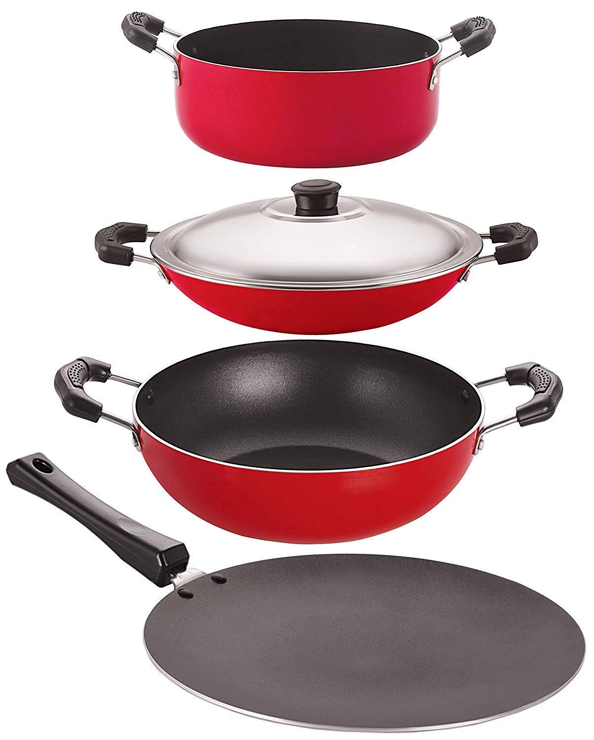 Nirlon 4 Piece Basics Non Induction Base NonStick Aluminium Cookware Combo Gift Set Red
