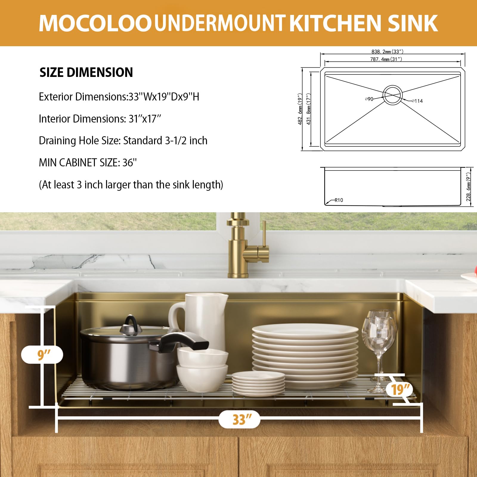 Mocoloo 33 Gold Kitchen Sink - 33 X 19 Inch Undermount Kitchen Sinks Ledge Workstation Gold Sink Single Bowl 16 Gauge Stainless