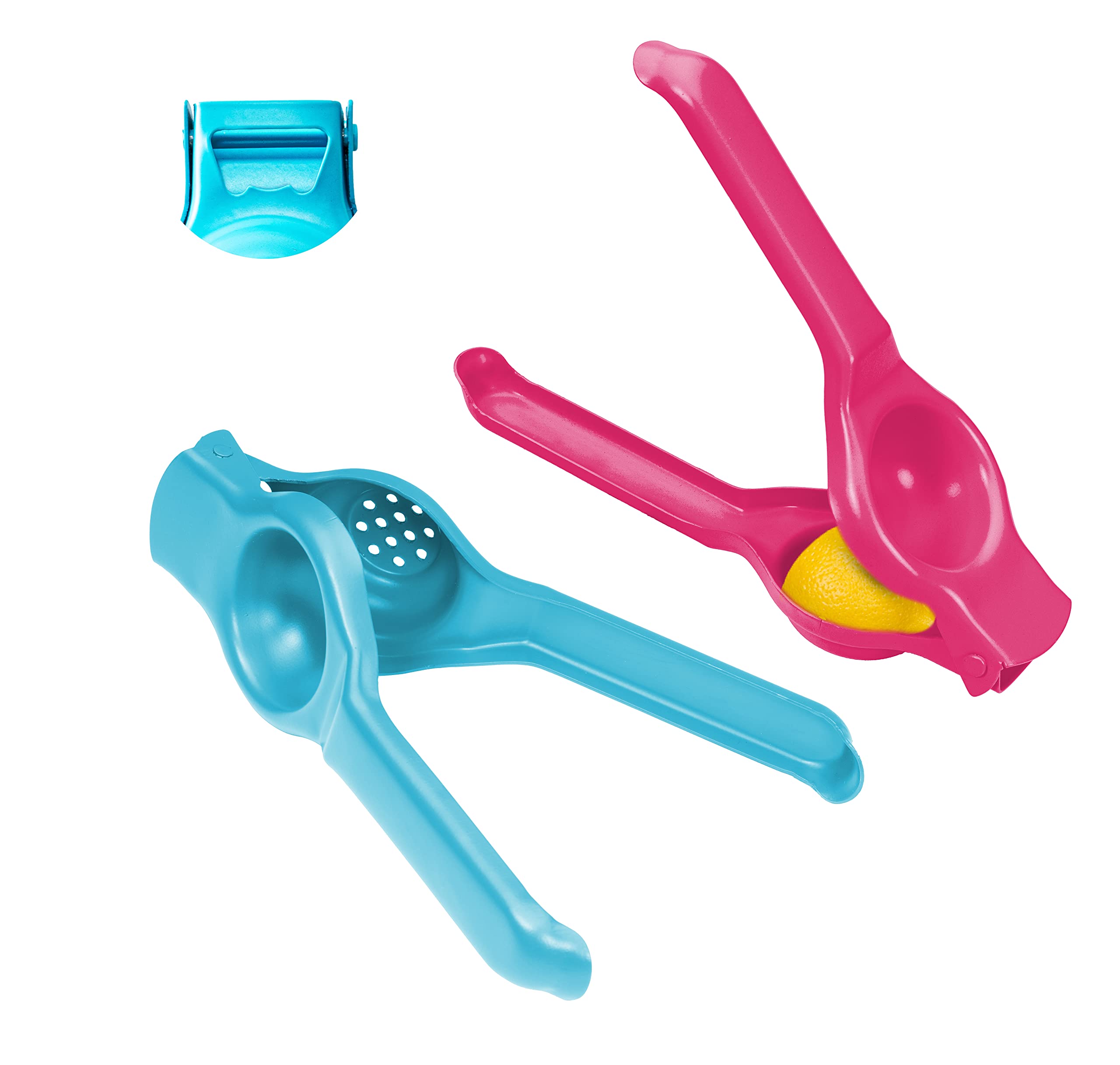 Axiom Stainless Steel Lemon Squeezer Set Of 2 (Pink & Blue) With Inbuilt Bottle Opener. Heavy Duty Hand Press Instant Juicer For