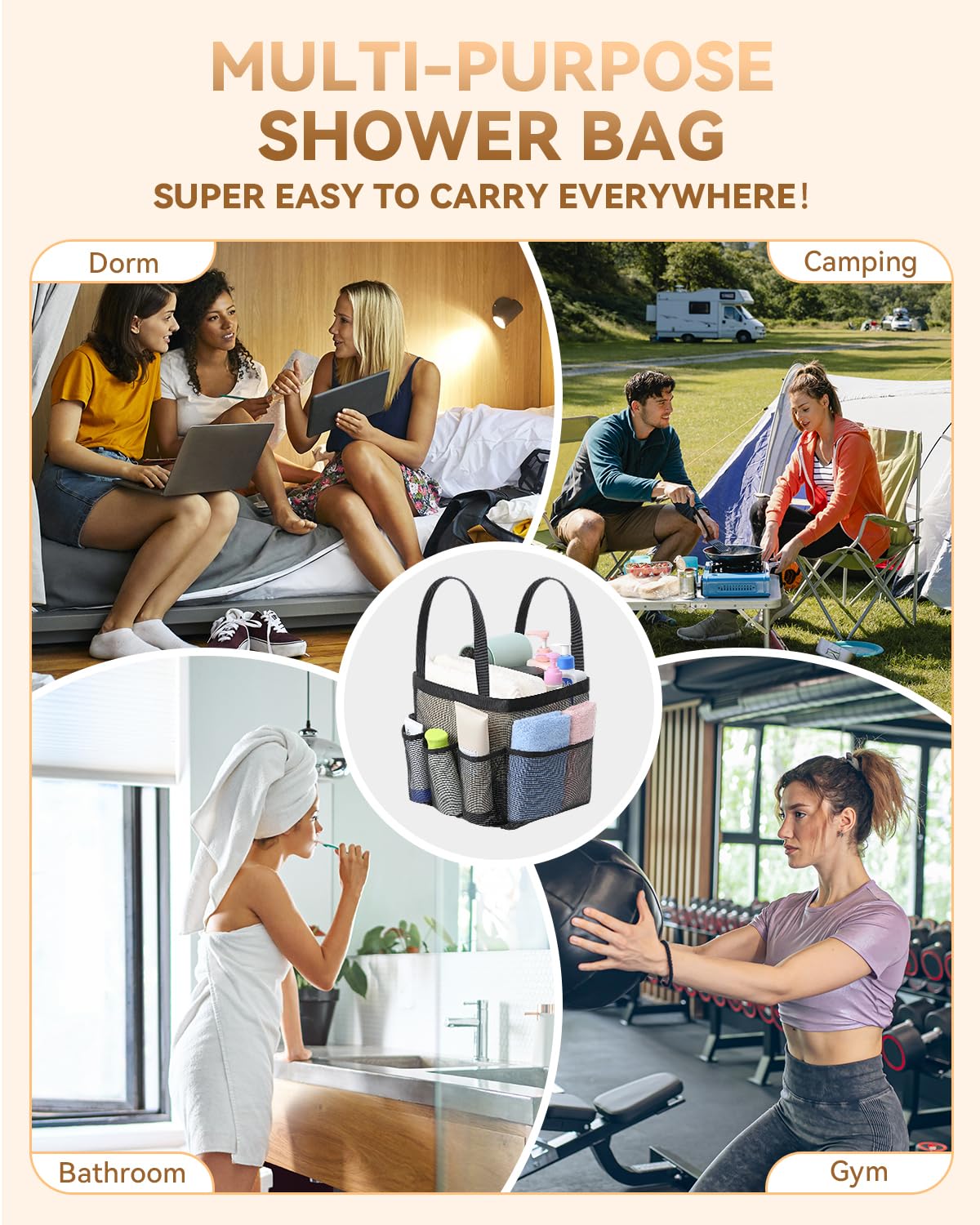 Temede Mesh Shower Caddy Tote, Large Shower Caddy Basket Portable, Quick Dry Hanging Toiletry Bag, 8 Storage Pocket Handle Bath