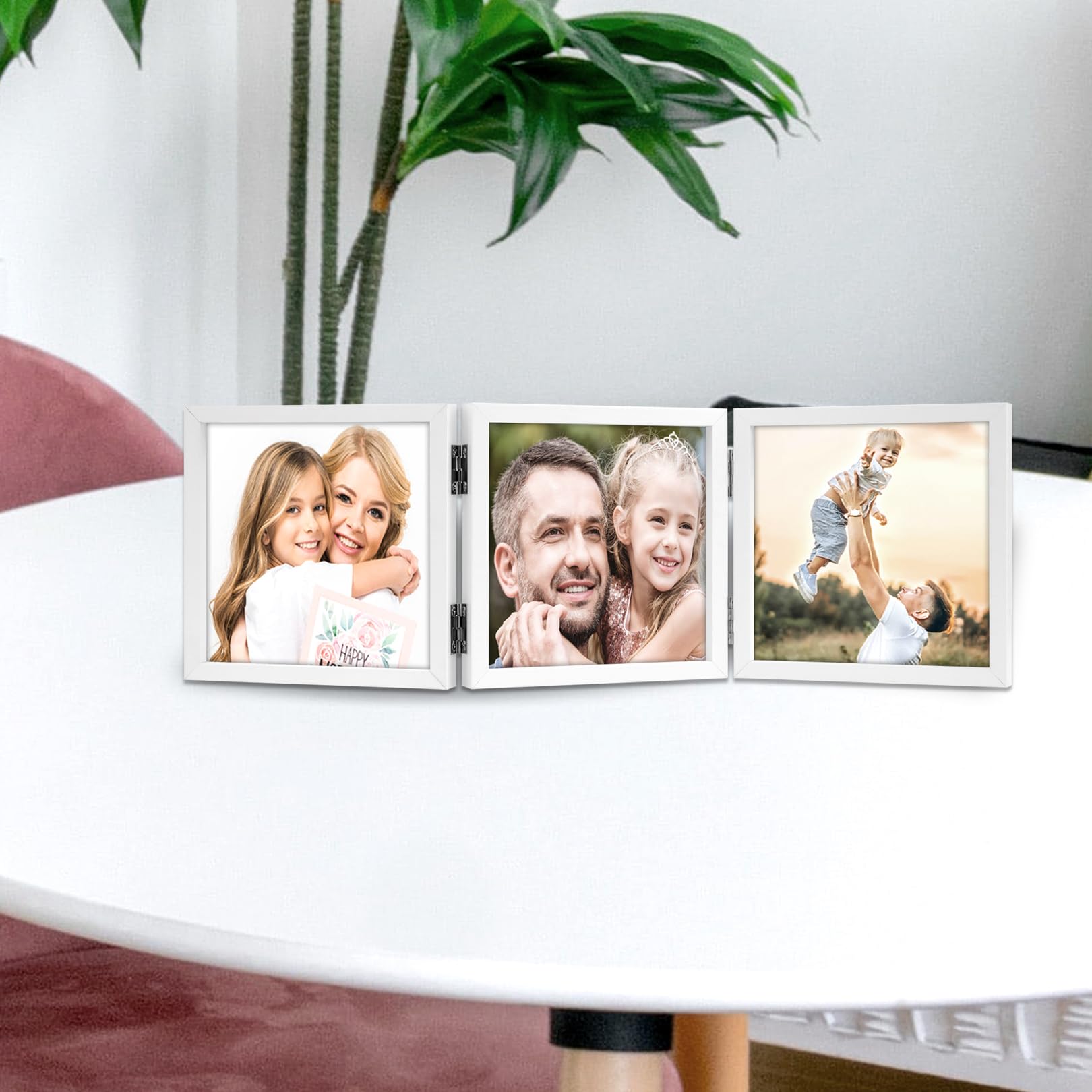 3 Picture Frame 5x5 White Triple Hinged MDF Wood with Glass Front Three Opening Photo Frame Stand Vertical on Tabletop