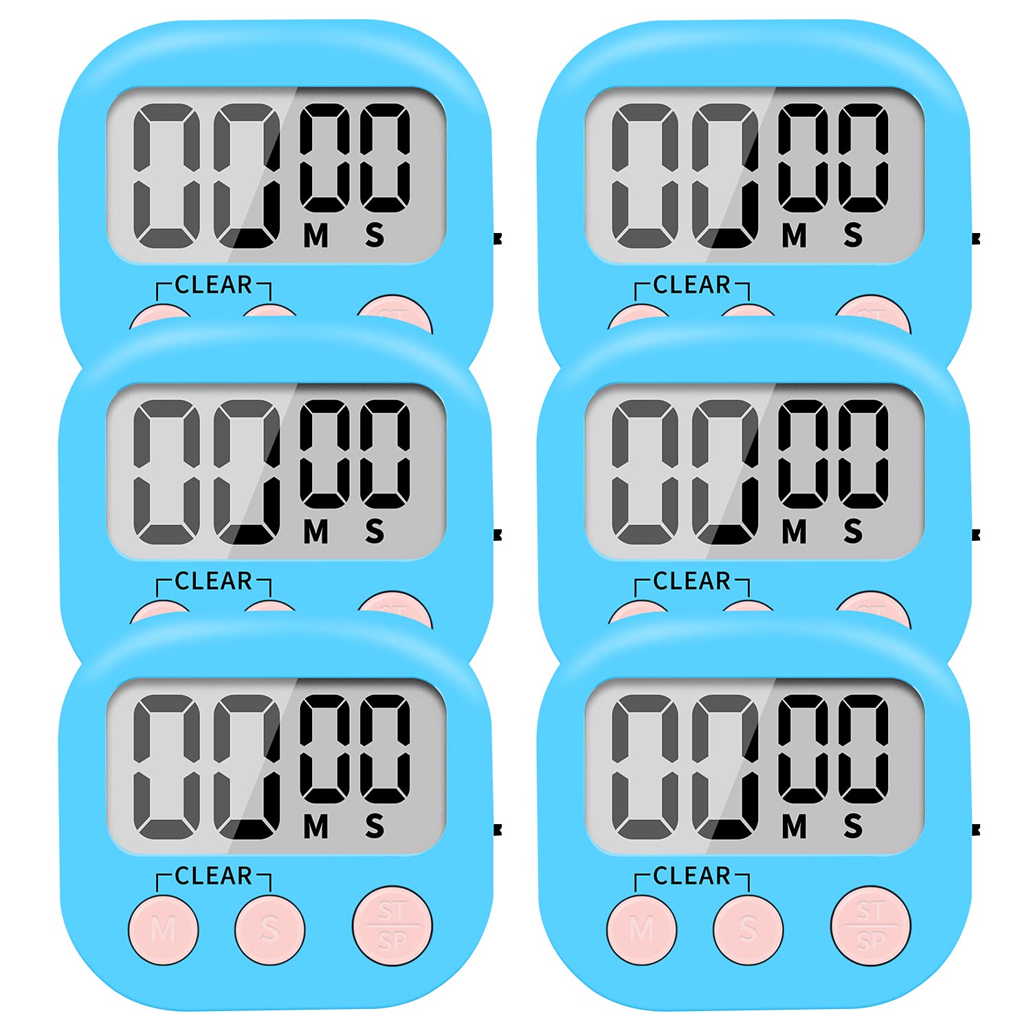 6 Pack Small Digital Kitchen Timer Magnetic Back and ON/Off Switch,Minute Second Count Up Countdown (Blue)