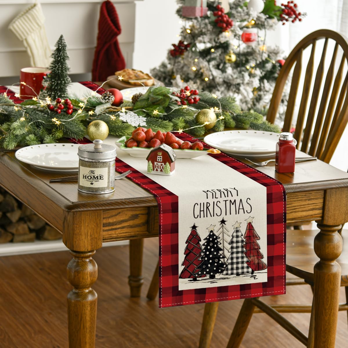 Artoid Mode Watercolor Red And Black Buffalo Plaid Christmas Trees Merry Xmas Table Runner, Seasonal Winter Holiday Kitchen Dini