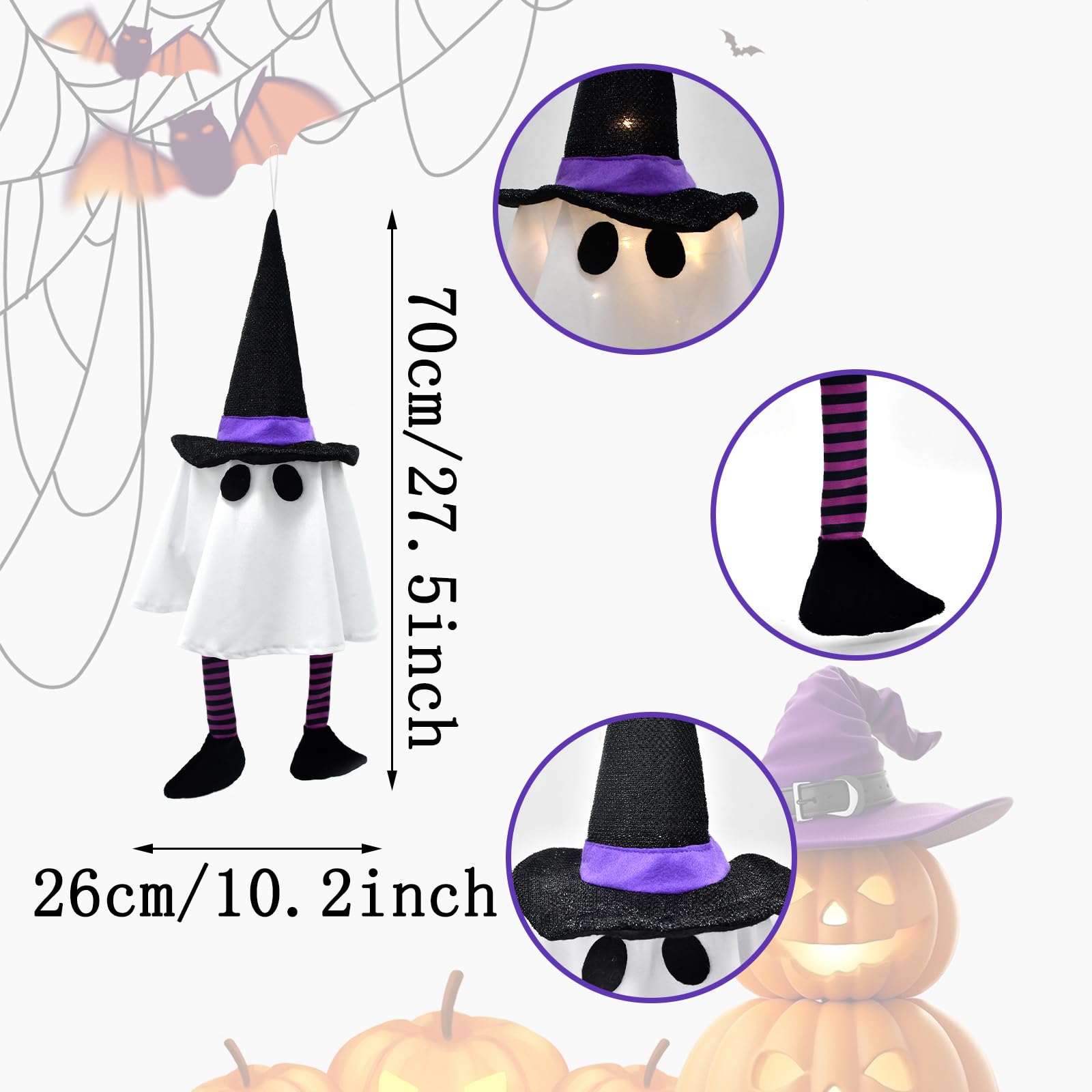 3 Pack Halloween Hanging Ghost Lights with Glitter Hats, Battery Powered Halloween Decorations Outdoor Indoor, LED Floating Ghos