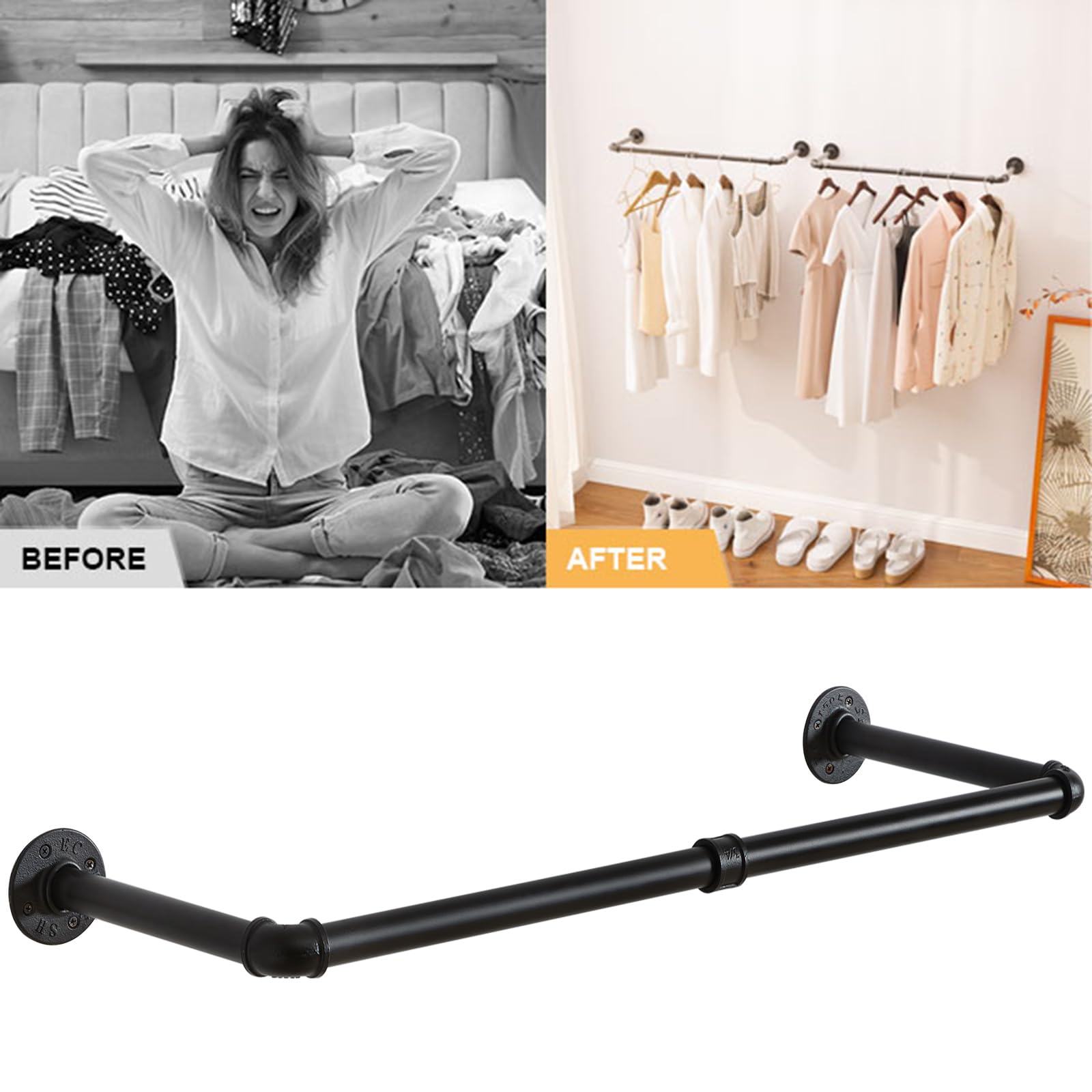Ibuyke Industrial Pipe Clothes Rack Set Of 2, 37 Inch Wall Mounted Clothing Rack, Space-Saving Hanging Closet Rod, Heavy Duty Mu