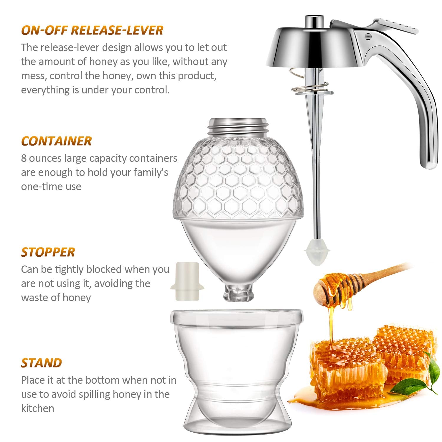 Boao Acrylic Honey Dispenser With Stand Honey Comb Shaped Honey Pot, Syrup And Sugar Jar Pot, No Drip Honey Dispenser With High