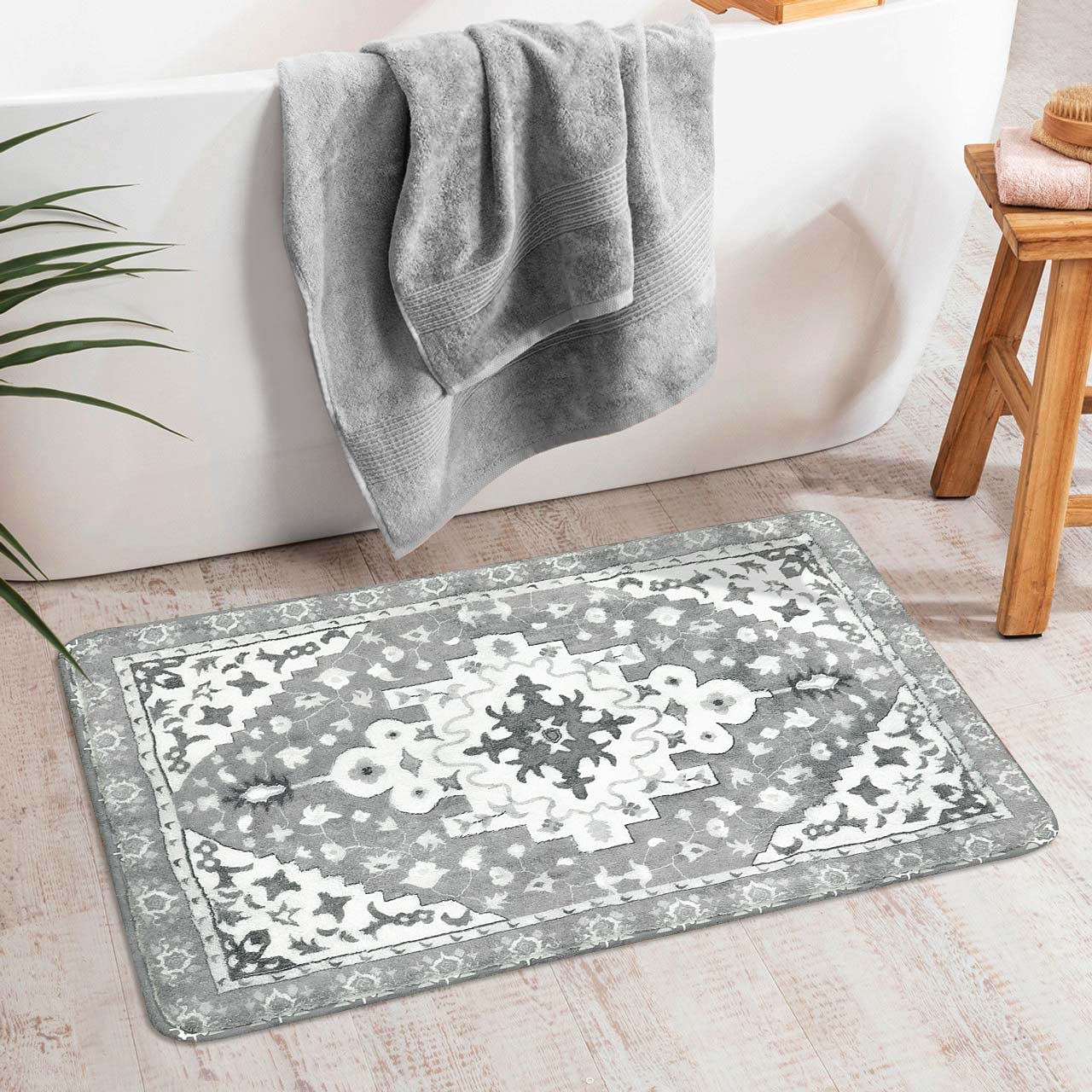 Uphome Boho Retro Bathroom Rug Gray Non-Slip Soft Bath Rug Machine Washable Oriental Bathroom Mat Traditional Farmhouse Floral F