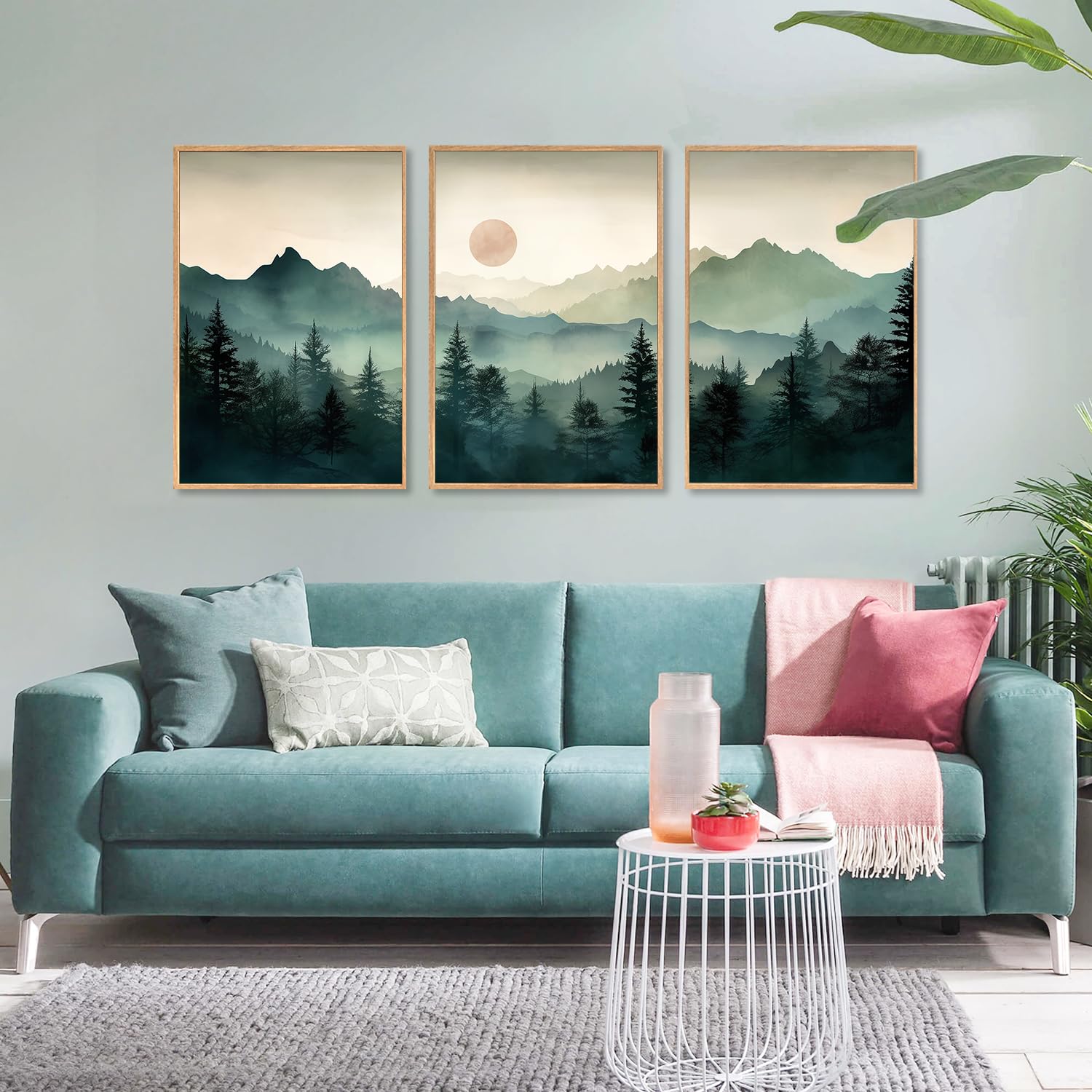 Lhiuem Large Boho Mountain Framed Wall Art Set,Watercolor Pine Tree Wall Painting,Abstract Foggy Green Forest Artwork,Modern Nat