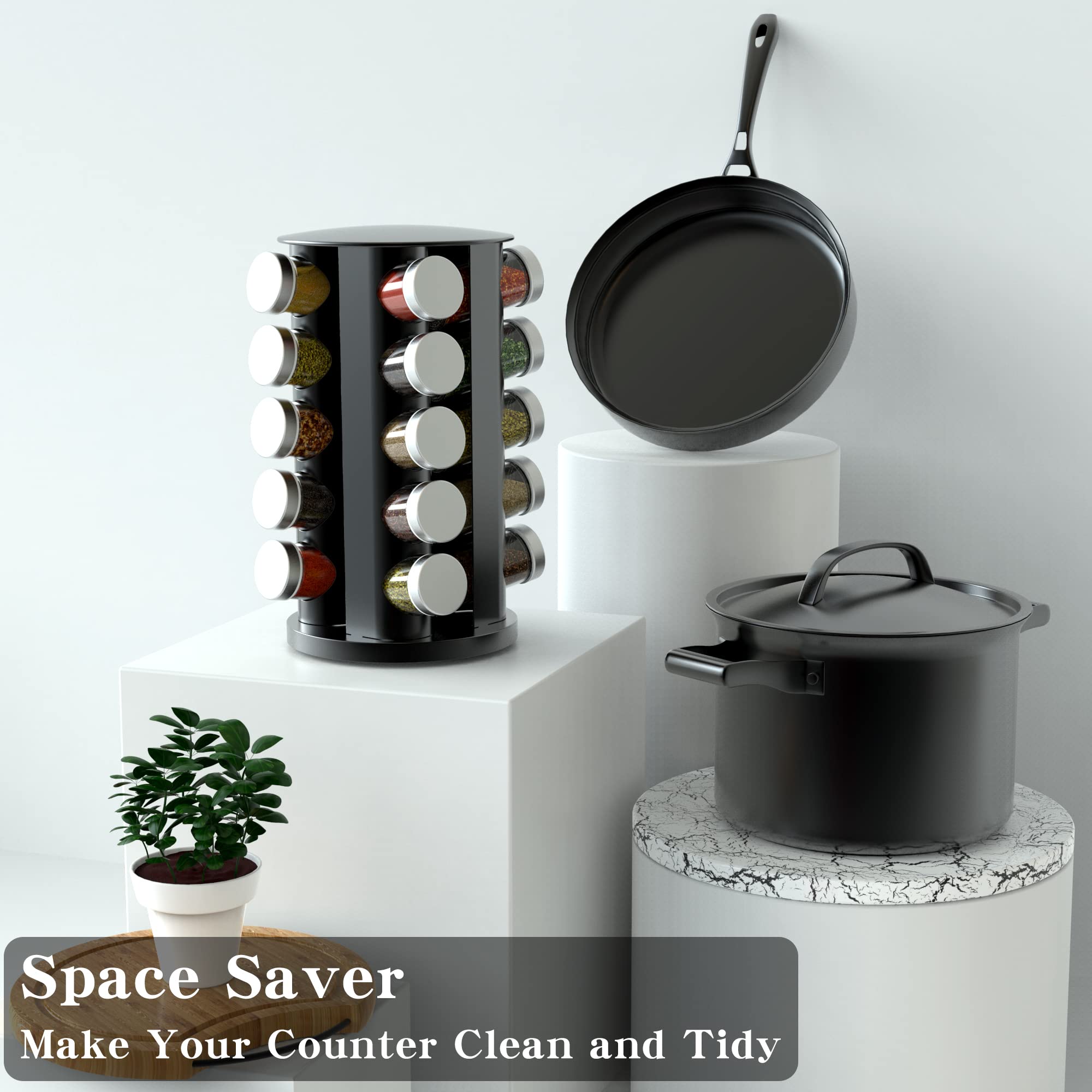 Handisen Rotating Spice Rack Organizer with 20 Jars, Black Spinning Storage for Kitchen Countertop