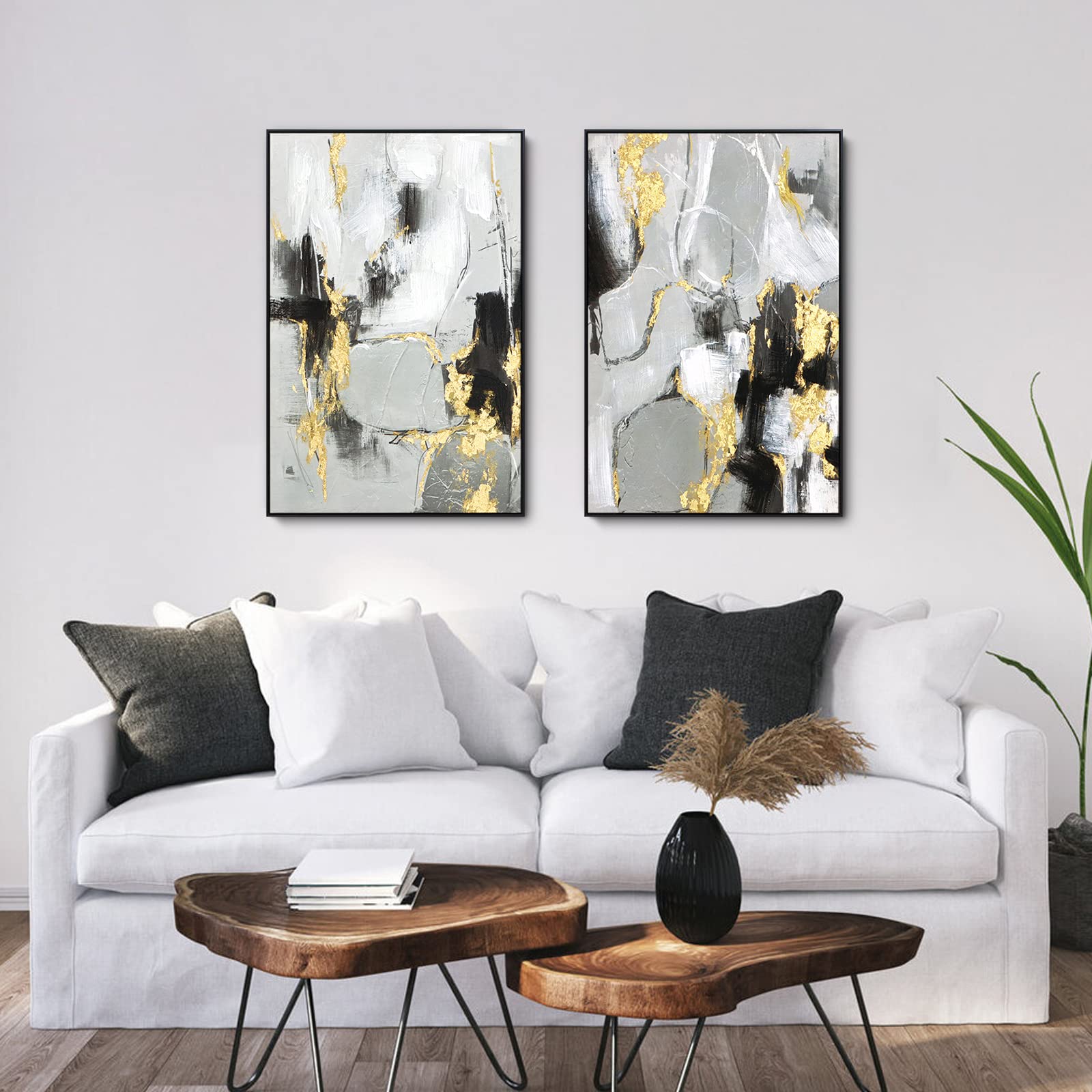Zessonic Black And Gold Abstract Wall -Art Decor- 2 Pack 16'' X 24'' Black And White Canvas Wall Decor With Gold Foil For Living