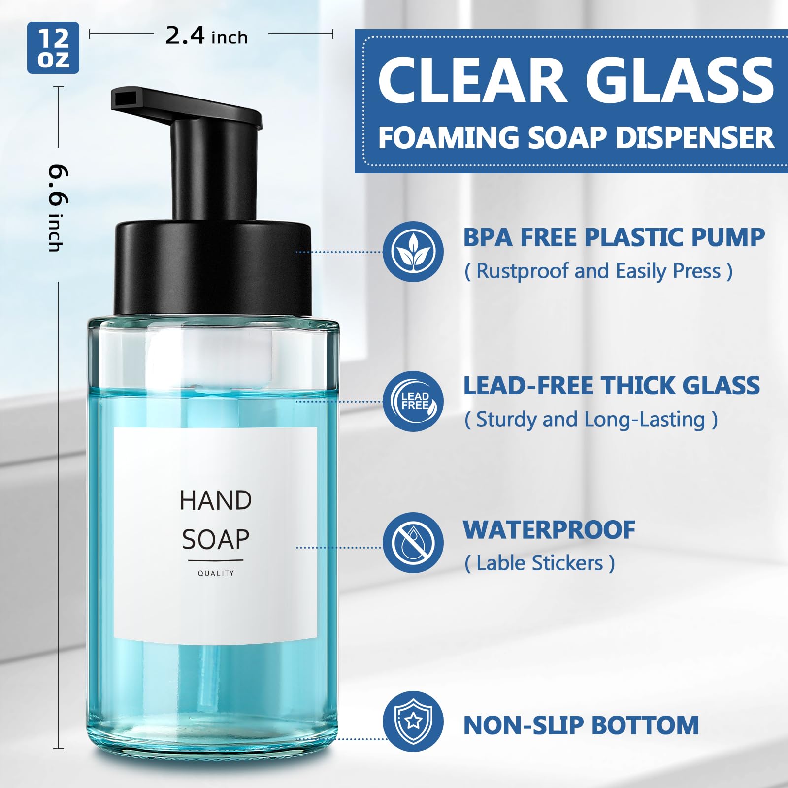 Rytoxilo Foaming Soap Dispenser, 12 Oz Foaming Hand Soap Dispenser, 2 Pack Glass Foaming Soap Dispenser For Bathroom & Kitchen,