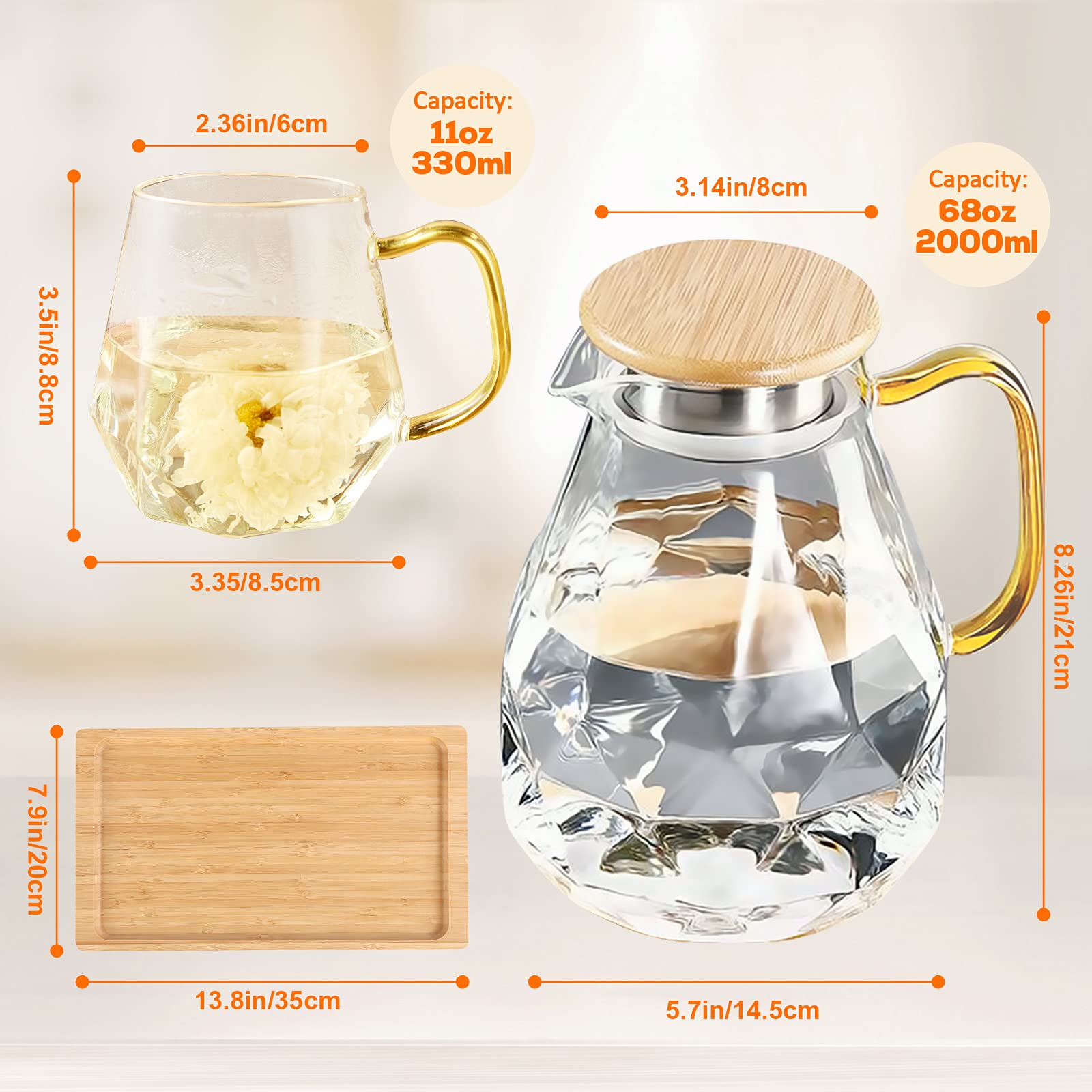 Dujust Glass Pitcher Set (68 Oz) With 4 Cups & 1 Tray, Elegant Diamond Design Water Pitcher With Handle, High Durability Glass J