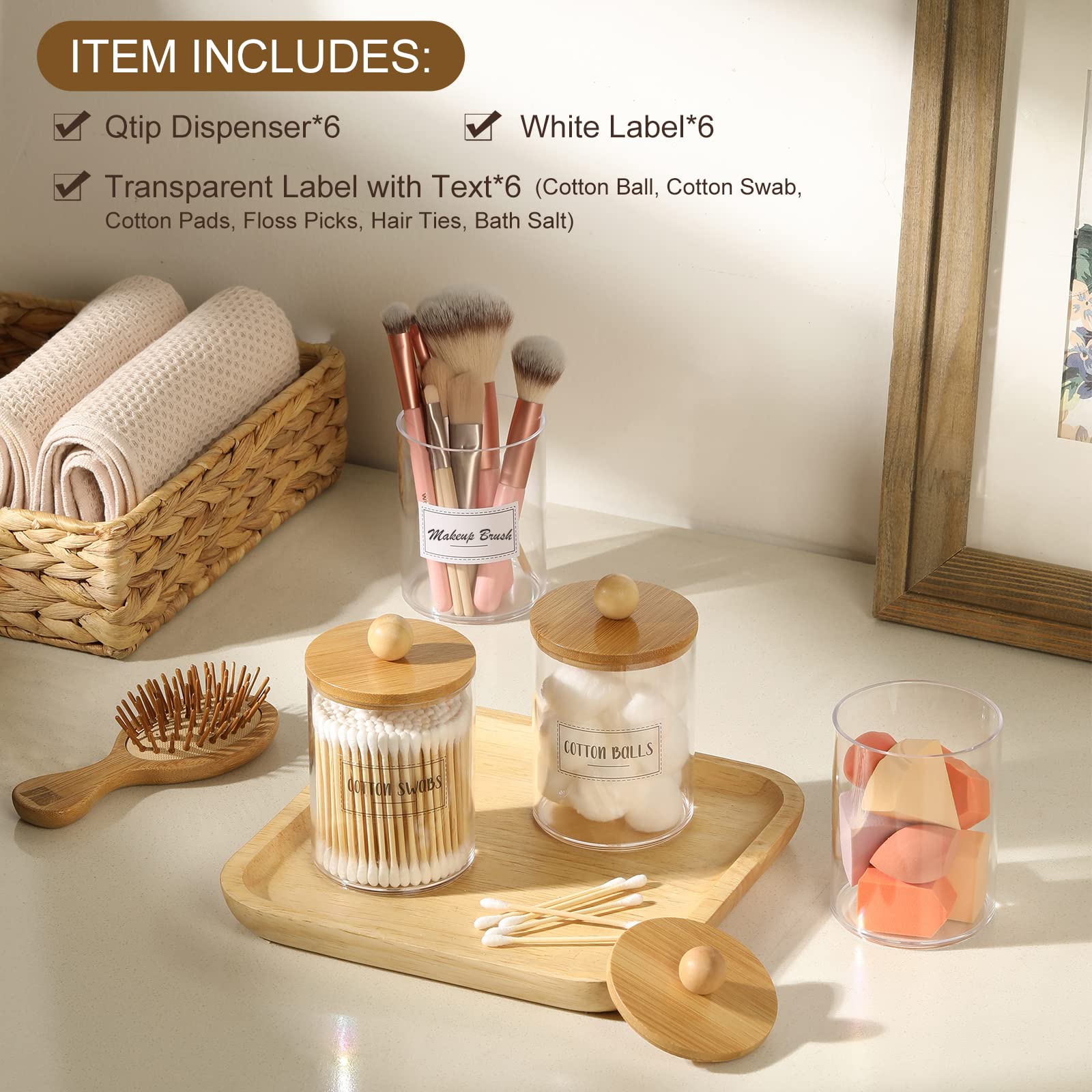 6-Pack Bamboo Qtip Holders - Bathroom Storage For Cotton Balls, Swabs, Pads, Floss