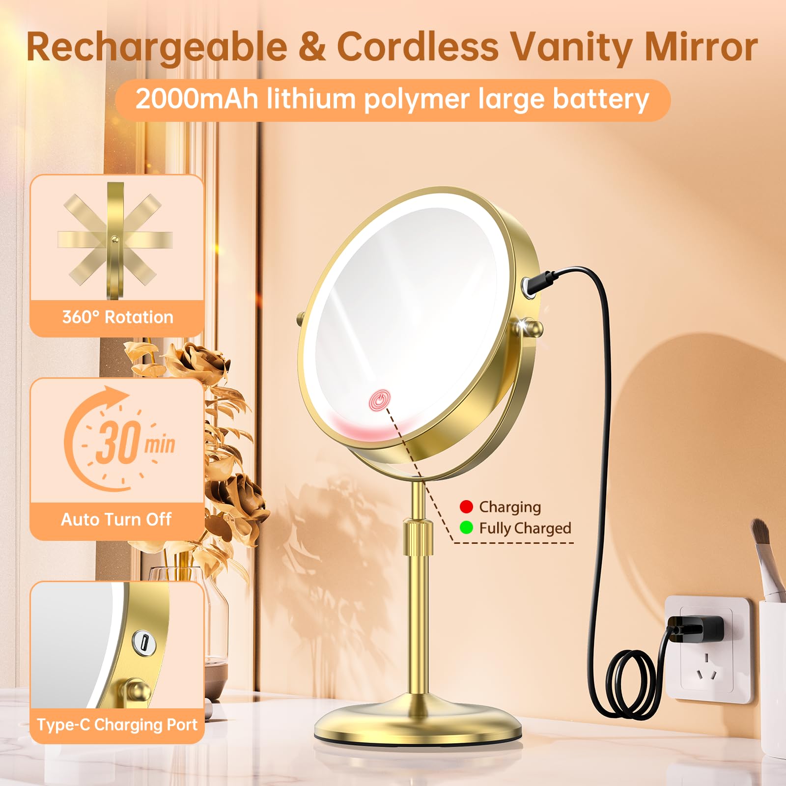 Gospire 7'' Lighted Makeup Mirror With Magnification 10X/1X, Height Adjustable & 3 Color Dimmable Lights, 360 Swivel Double Side