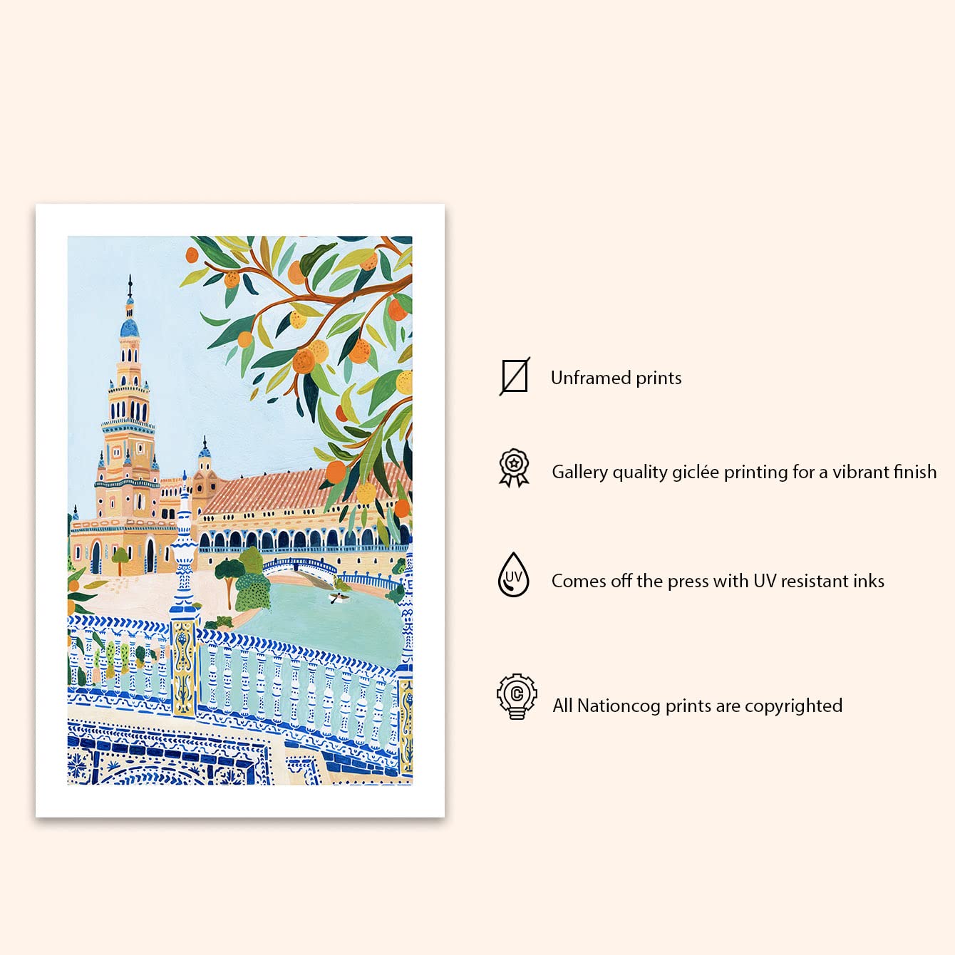 Nationcog Seville Art Print, Spain Art Print, Plaza De Espana, Seville Poster, Travel Gift, Travel Poster, Europe Print, Housewa