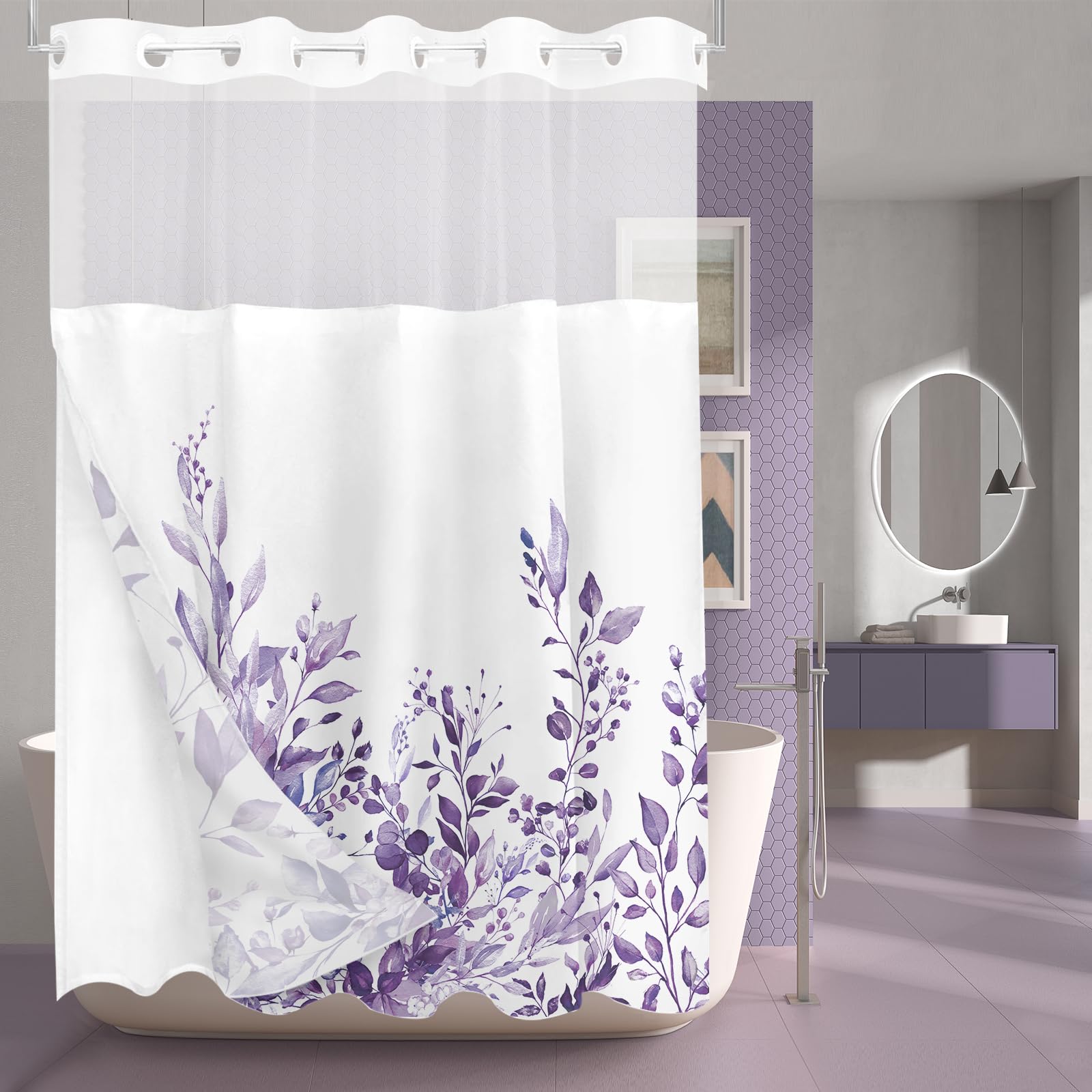Tititex No Hooks Snap In Liner Purple Eucalyptus Leaves Shower Curtain Sets, Hotel Luxury Double Layers Waterproof Fabric & See-