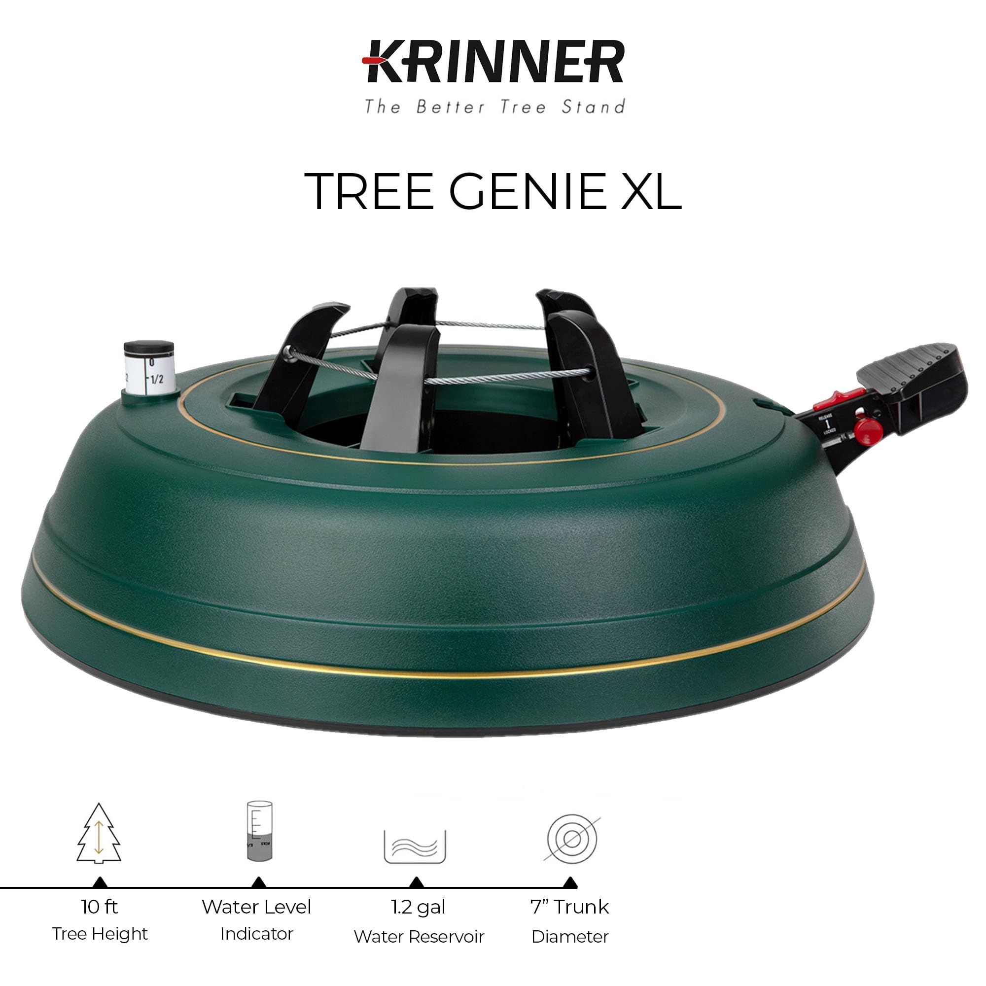 Krinner Christmas Tree Genie XL - Green Tree Stand - Original Single Cable Operation, Holds up to 10 ft Live Trees - Foot Pedal
