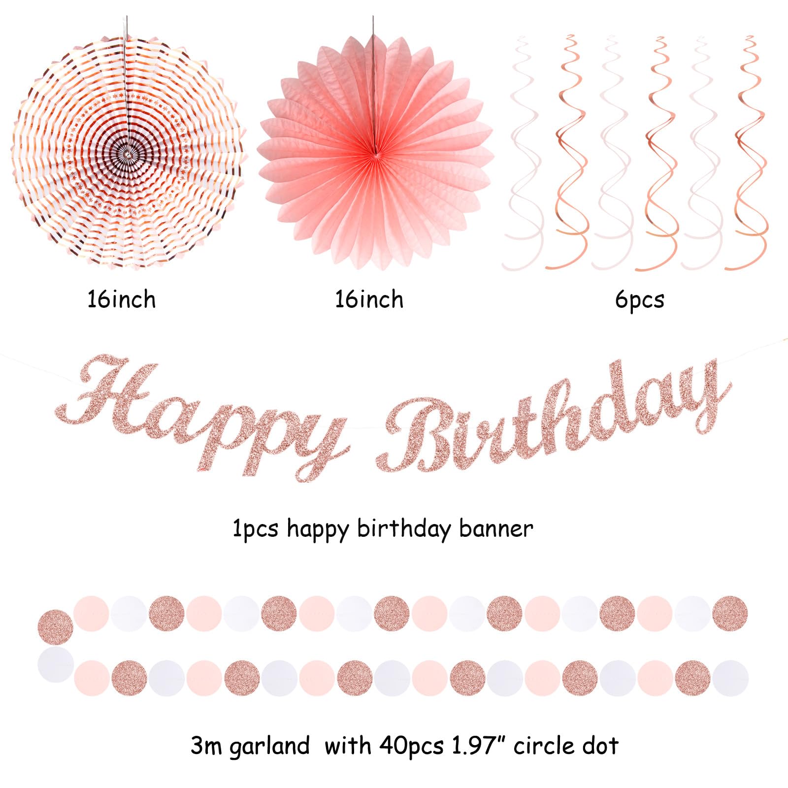 Pink White Rose-Gold Birthday Party-Decorations - 21Pcs Happy Banner, Paper Lanterns,Tissue Pom Poms Flower Fan,Honeycomb Ball,S