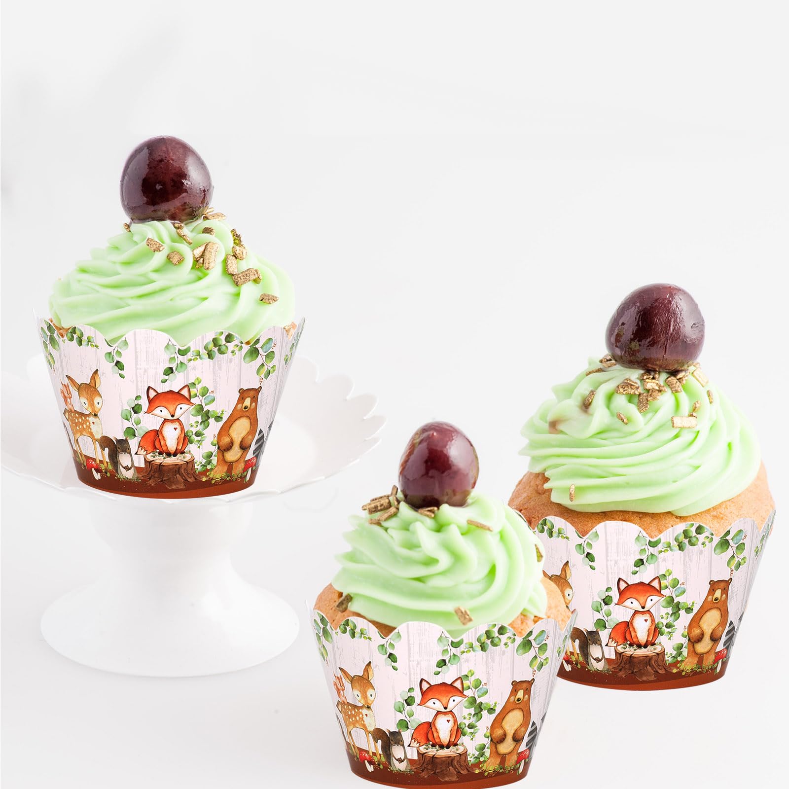 Whaline 36Pcs Woodland Creatures Cupcake Wrappers Forest Animal Cupcake Liners Cute Paper Baking Cup Decorative Cupcake Holders