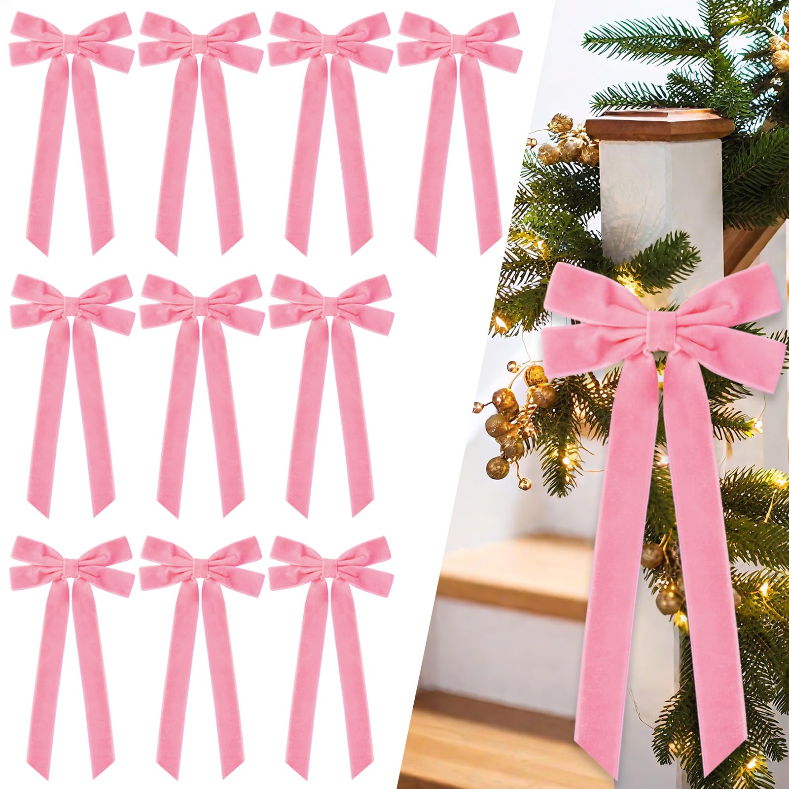 JOICEE 15Pcs Pink Velvet Bows, 5in x 12in Christmas Tree Wreath Bows Rustic Crafts Gift Ribbon Bows for Christmas Decorations In