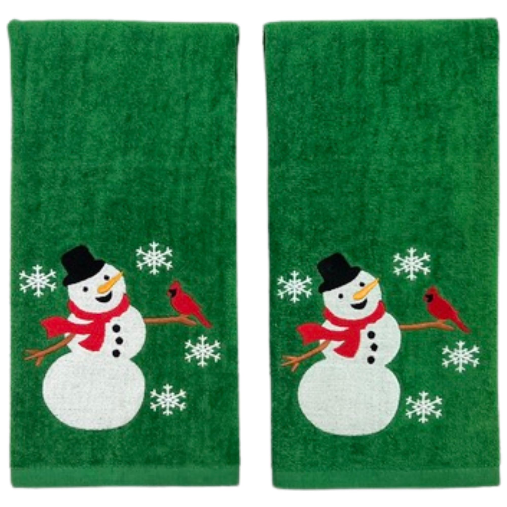 Serafina Home Holiday Christmas Bath Hand Towels, Embroidered Happy Snowman With Cardinal Friend With A Stitched Hem On Green, 2