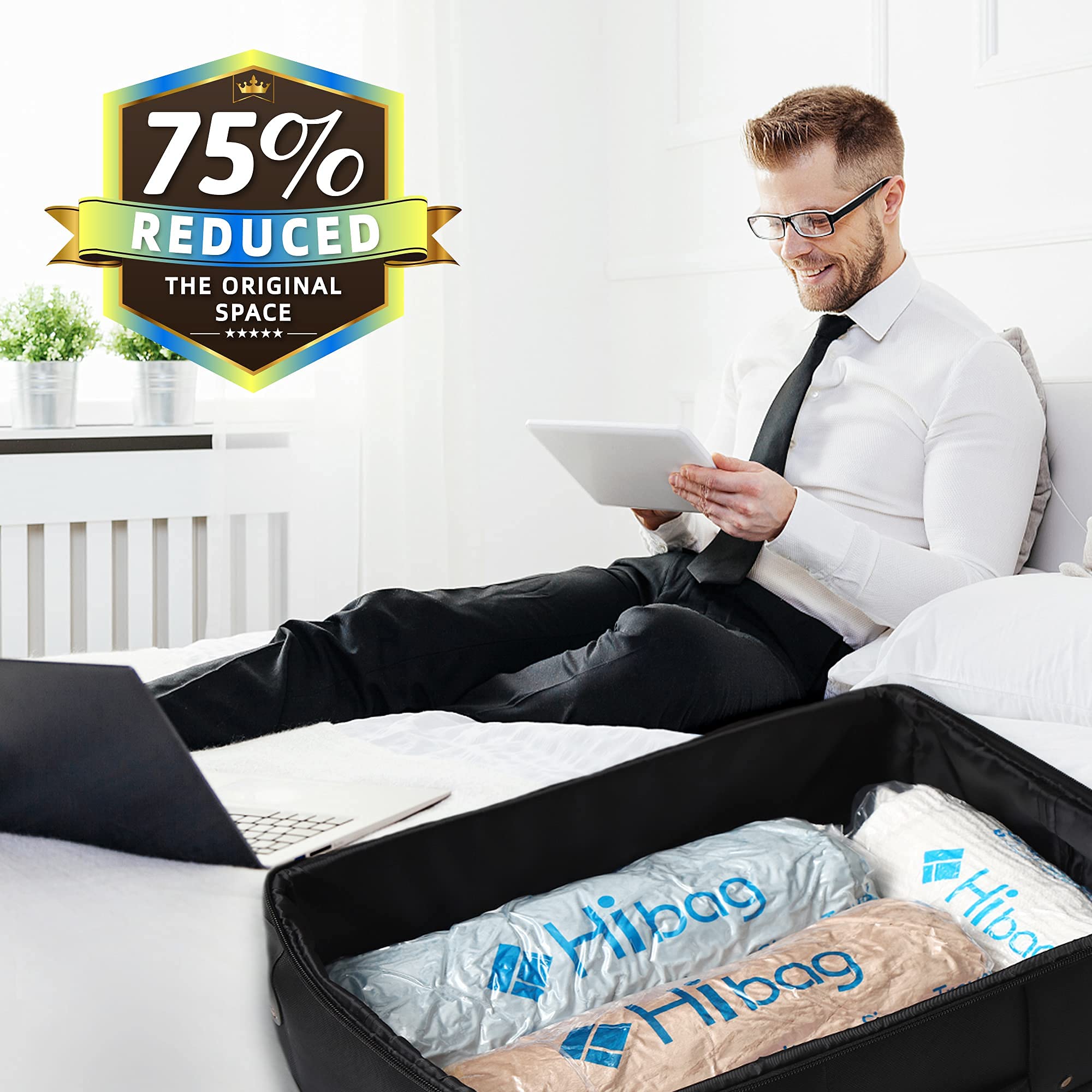 HIBAG Compression Bags for Travel, 12-Pack Space Saver Zipper Bags, Clear, Model 12-Travel, Vacuum Packing for Cruise Accessories