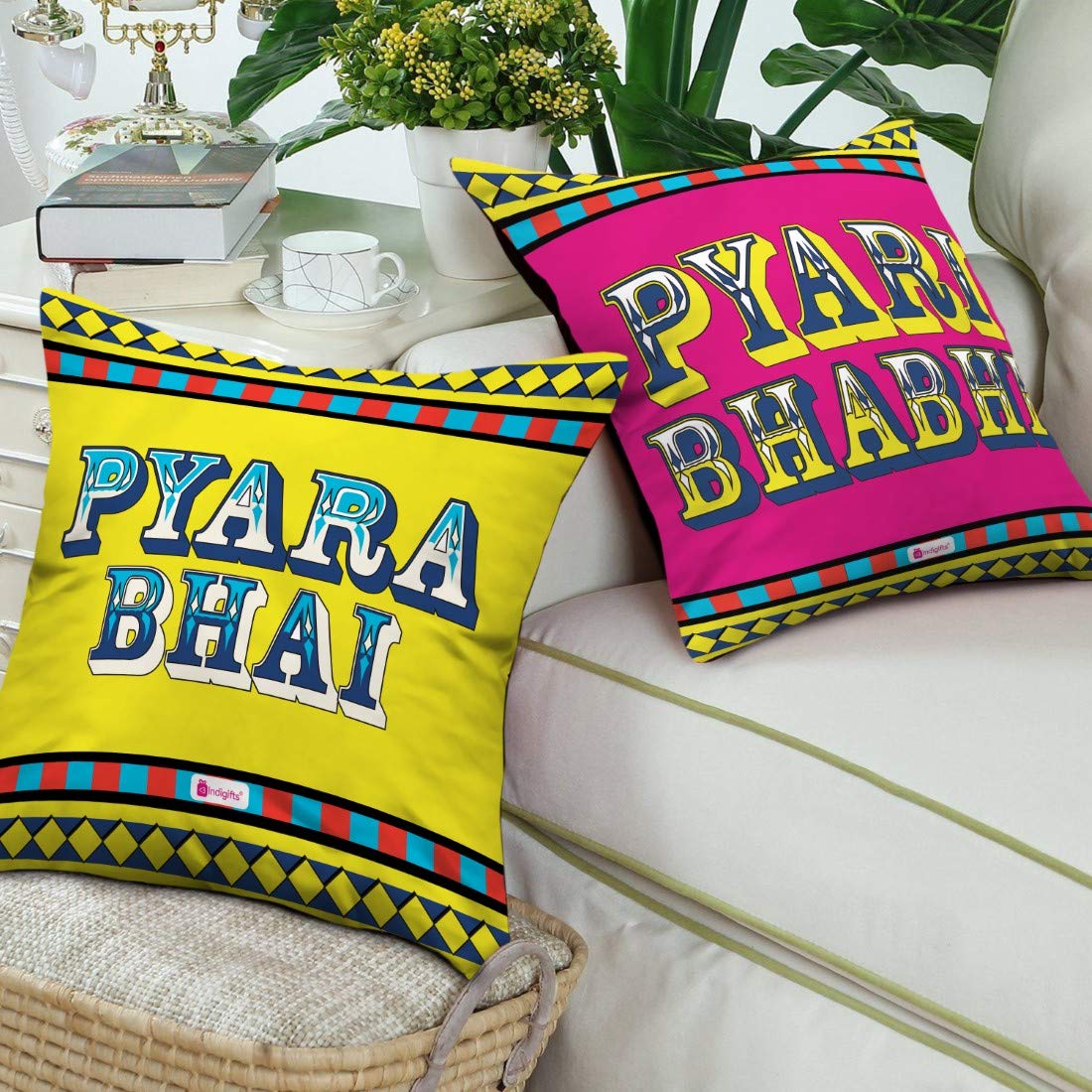 Indigifts Rakhi for Bhaiya Bhabhi | Pyara Bhai & Bhabhi Printed Cushion Cover 12x12 with Filler, Lumba Rakhi for Bhaiya Bhabhi f