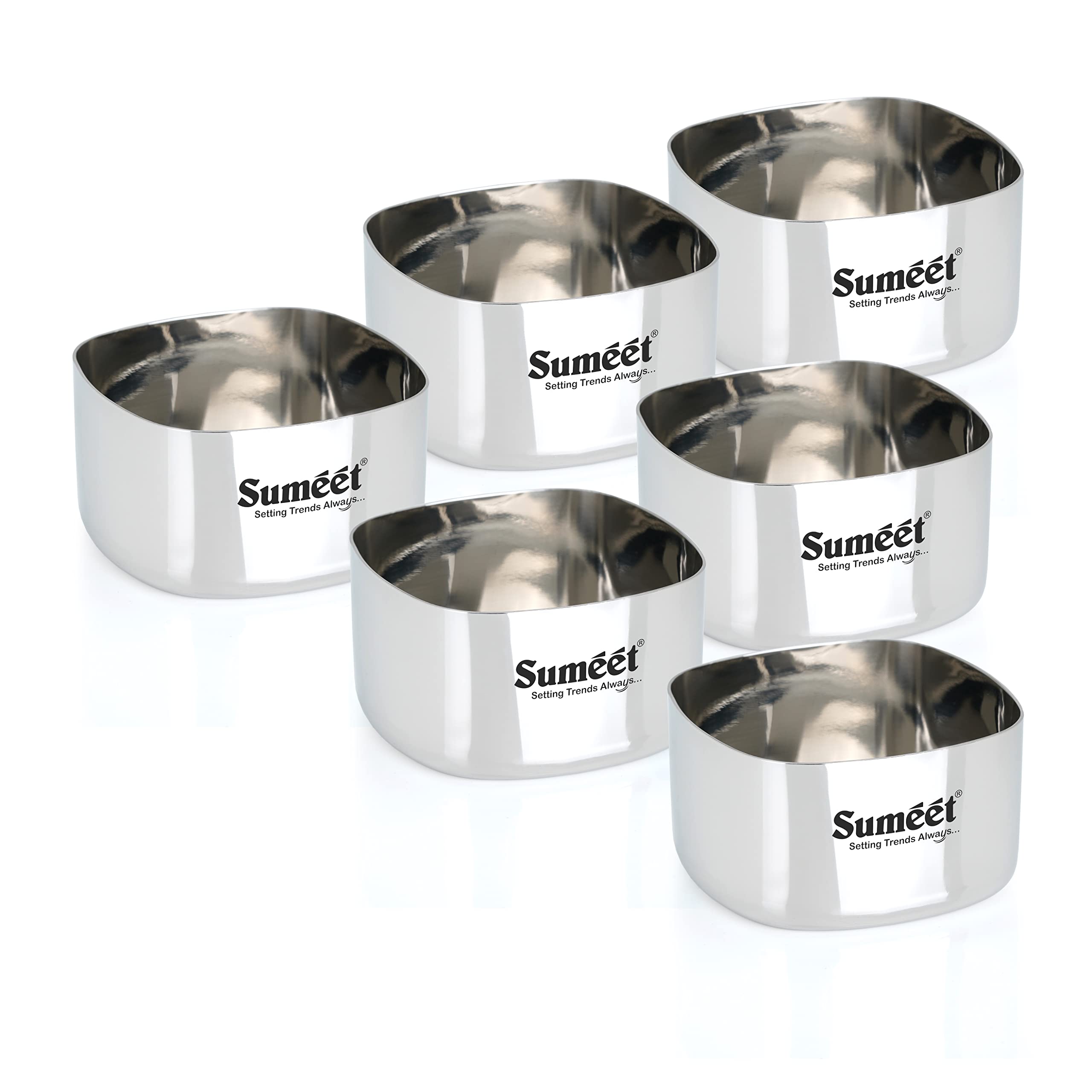 Sumeet Heavy Gauge Stainless Steel Square Bowl Wati Katori with Mirror Finish - 7cm Dia  set of 6pc  200ML Each - Silver
