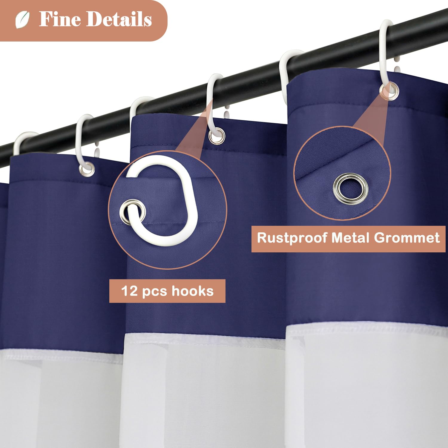 UFRIDAY Navy Blue Shower Curtain 72 x 75 Inch Long Fabric Shower Curtain Water Repellent with Window for Bathroom  with 12 Hooks