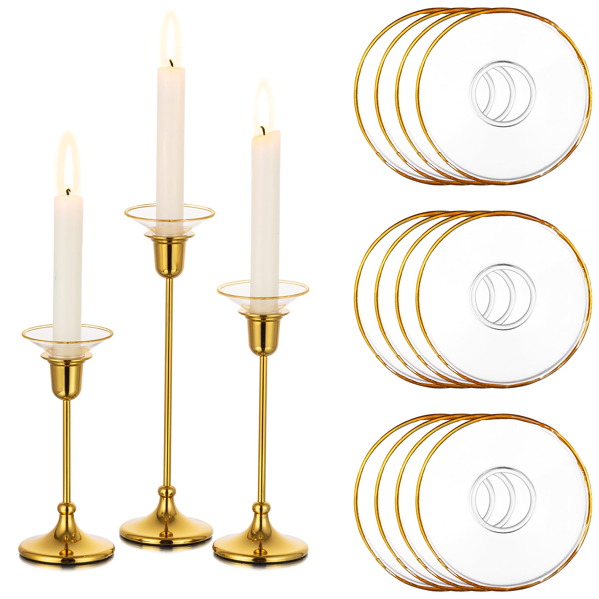 Glasseam Candle Drip Protectors for Candle Stick Candle Holder, Gold Rim Glass Bobeches for Candlesticks Set of 12, Round Wax Ca