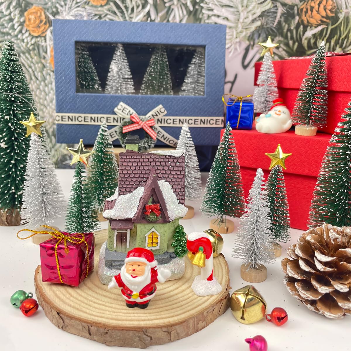 NotiGat Miniature Christmas Pine Tree mini Bottle Brush Christmas Trees Table top Village Winter Tree for Christmas Decorations